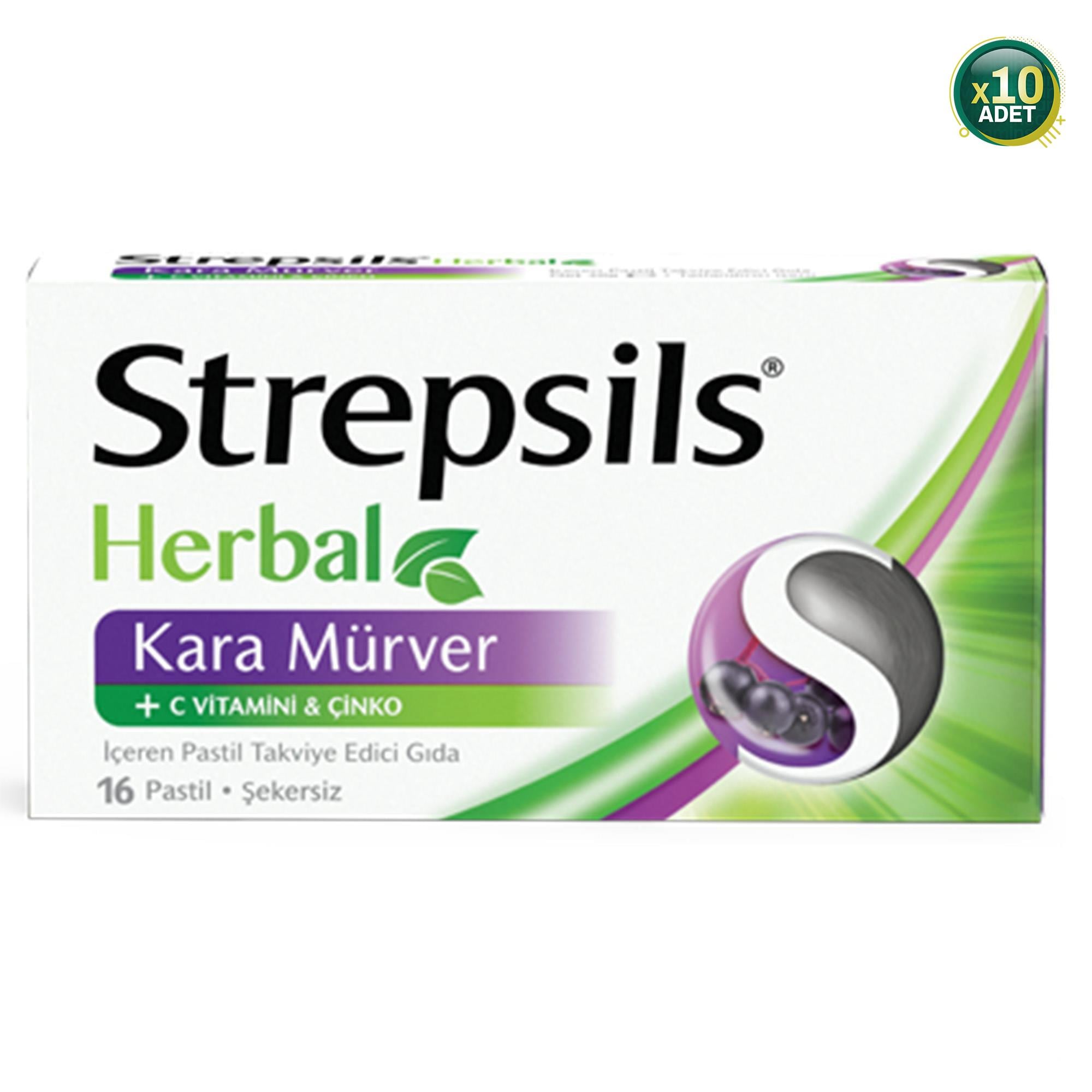 Strepsils Herbal Kara Mürver, C Vitamini Ve Çinko Içeren Şerkersiz Takviye Edici Gıda 16 Pastil 10 Adet
