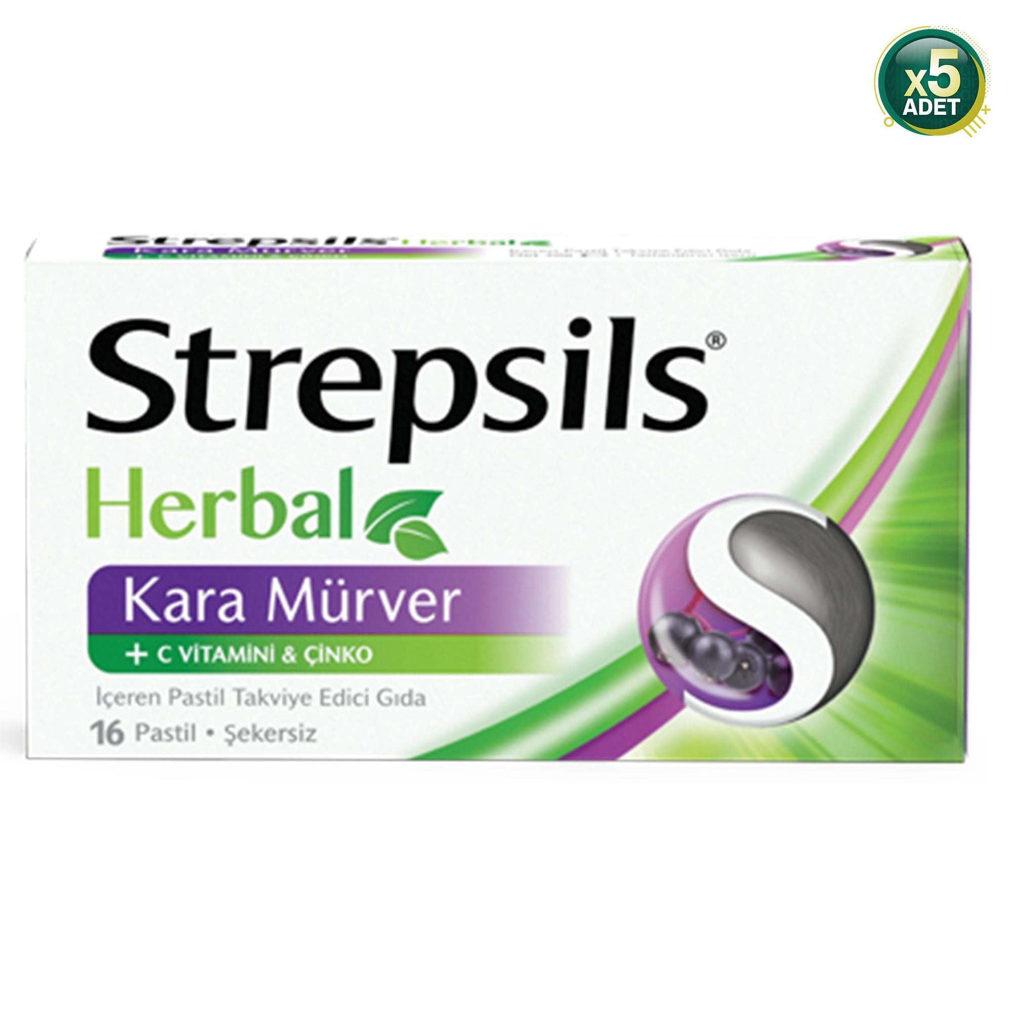 Strepsils Herbal Kara Mürver ve C Vitaminli 16'lı Pastil 5 Adet