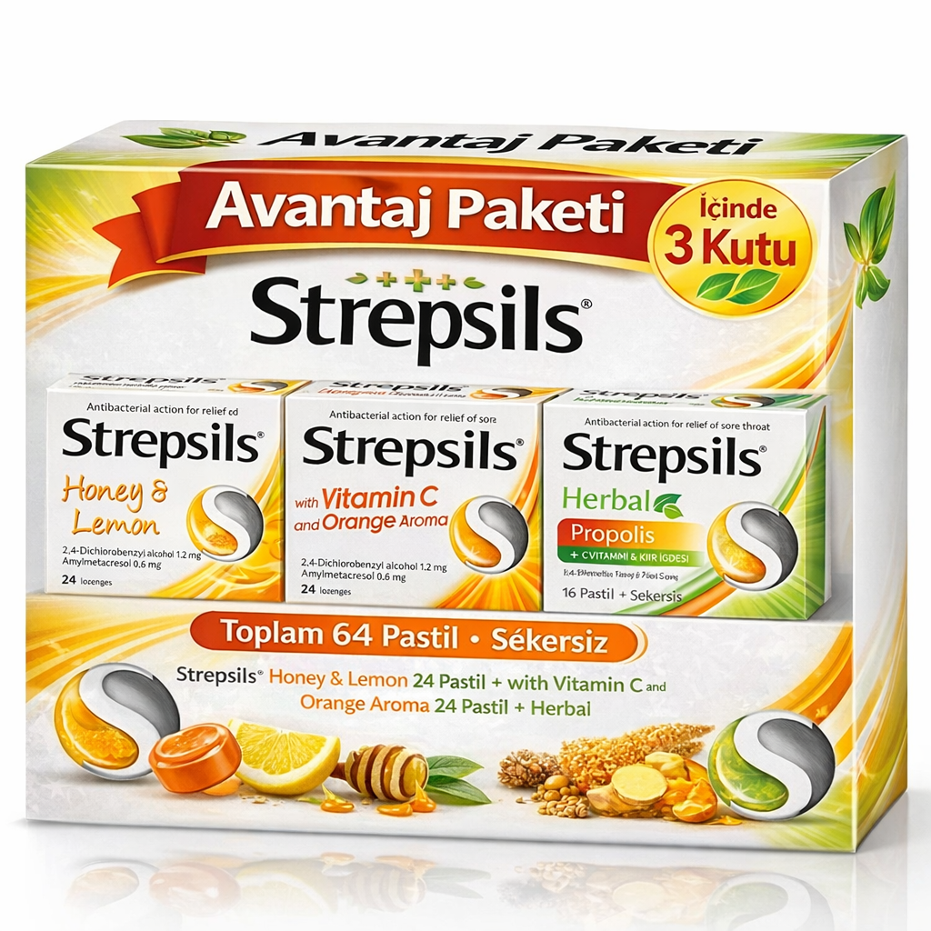 Strepsils Herbal Propolis 16 Pastil + Strepsils Portakal & C Vitamini Aromalı 24 Pastil + Strepsils Bal & Limon 24 Pastil 