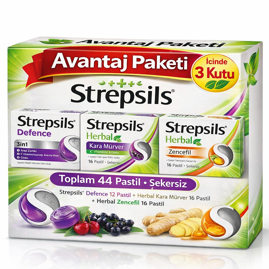 Strepsils Herbal Zencefil Aromalı 16'lı Pastil + Strepsils Herbal Kara Mürver 16 Pastil + Strepsils Defence 12 Pastil 
