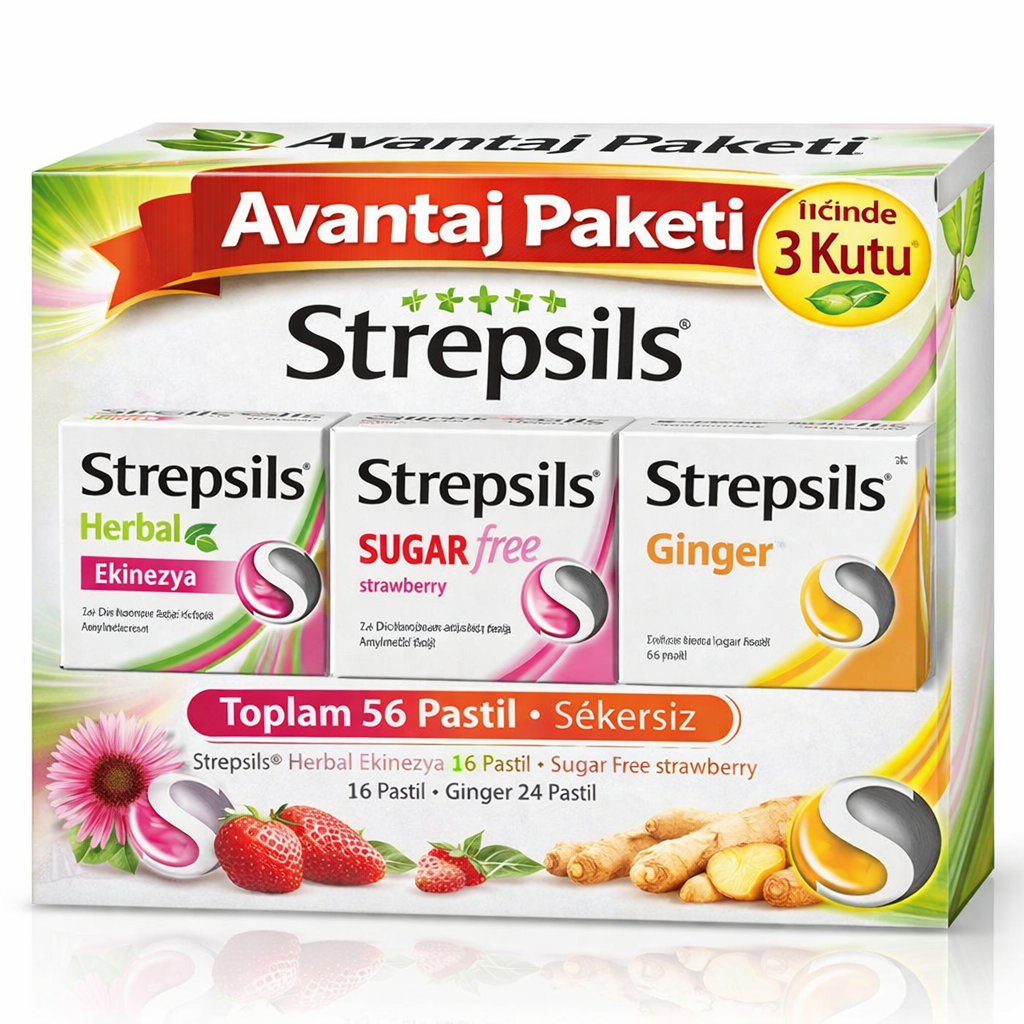 Strepsils Şekersiz Çilek Aromalı 24'lü Pastil + Strepsils Ginger Zencefil 24 Pastil + Strepsils Herbal Ekinezya 16 Pastil 
