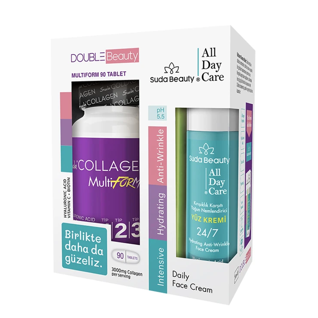 Suda Collagen Double Beauty Multiform Kolajen 90 Tablet ve Suda Beauty All Day Care Yüz Kremi 50 ml
