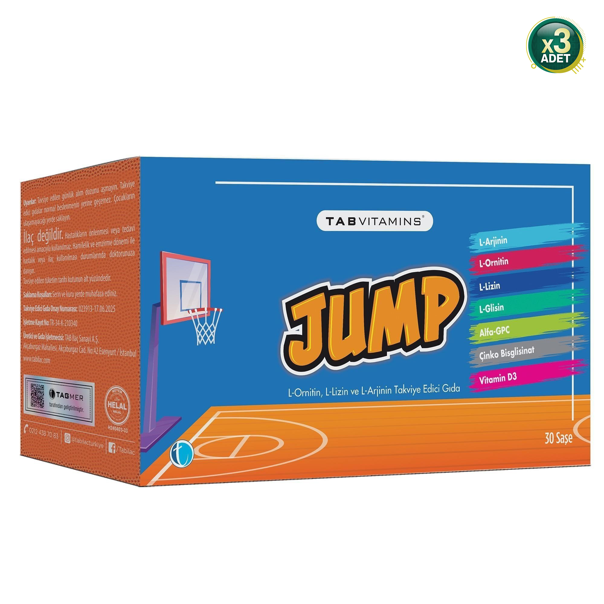 TABVITAMINS Jump L-Arjinin, L-Ornitin, L-Lizin, Alfa GPC 30 Saşe - 3 Adet (90 Saşe)