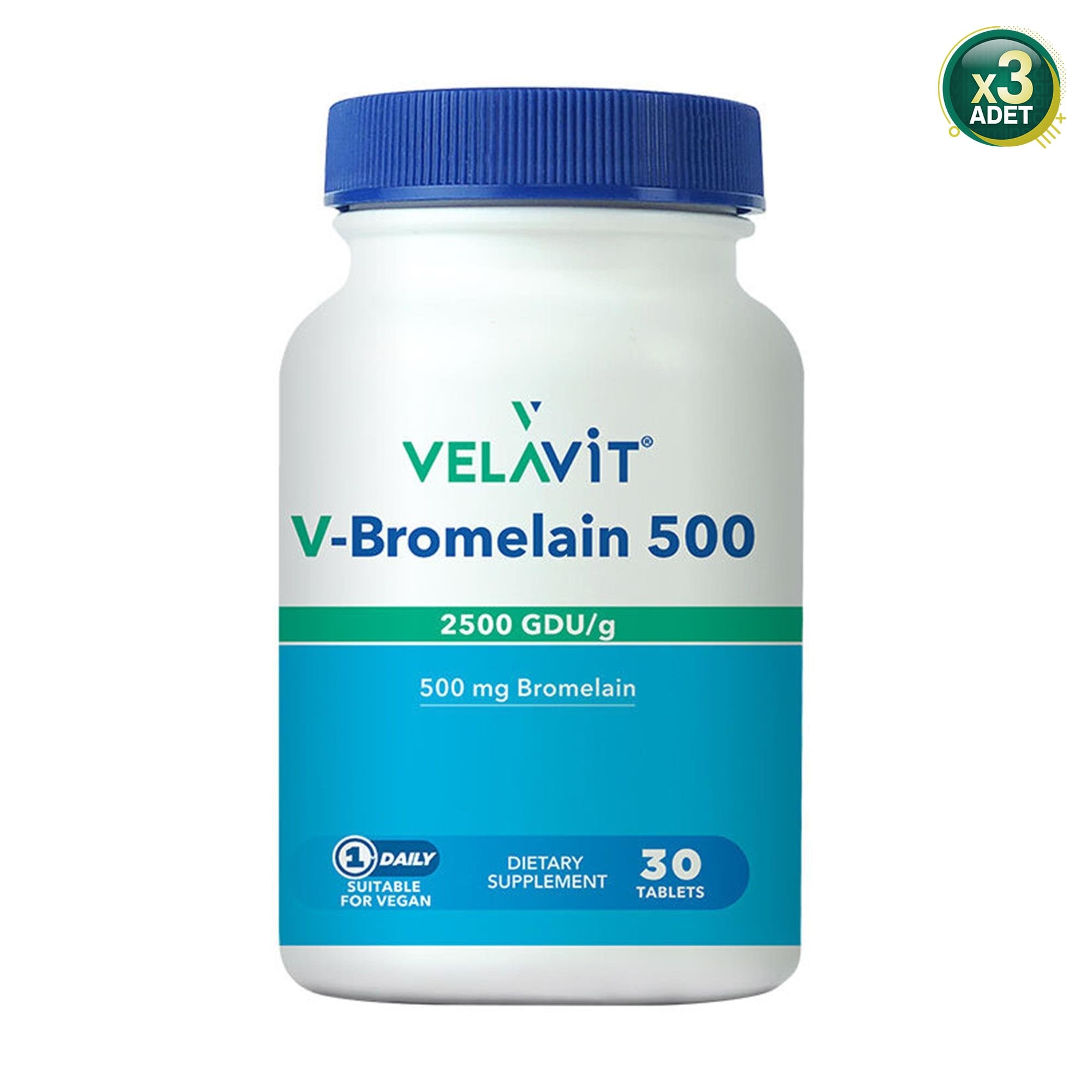 Velavit V- Bromelain 500 - Bromelain (Ananas Özü) Takviyesi - 30 Tablet - 3 Adet (Toplam 90 Tablet)