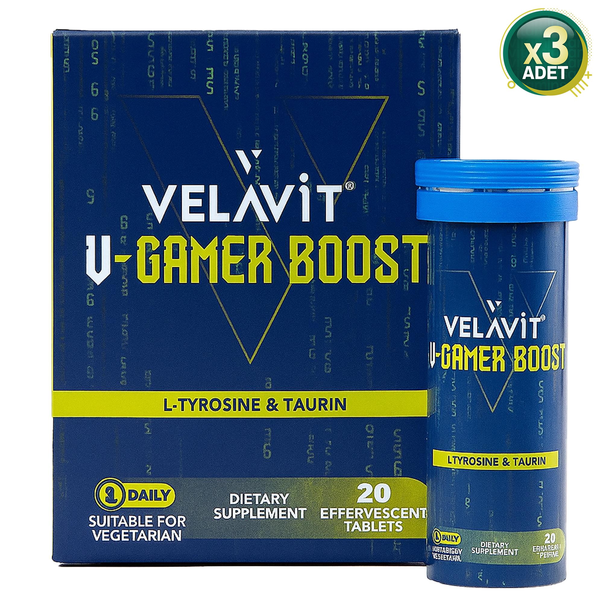 Velavit V- Gamer Boost - Oyuncu Vitamini - 20 Efervesan Tablet - 3 Adet (60 Tablet)