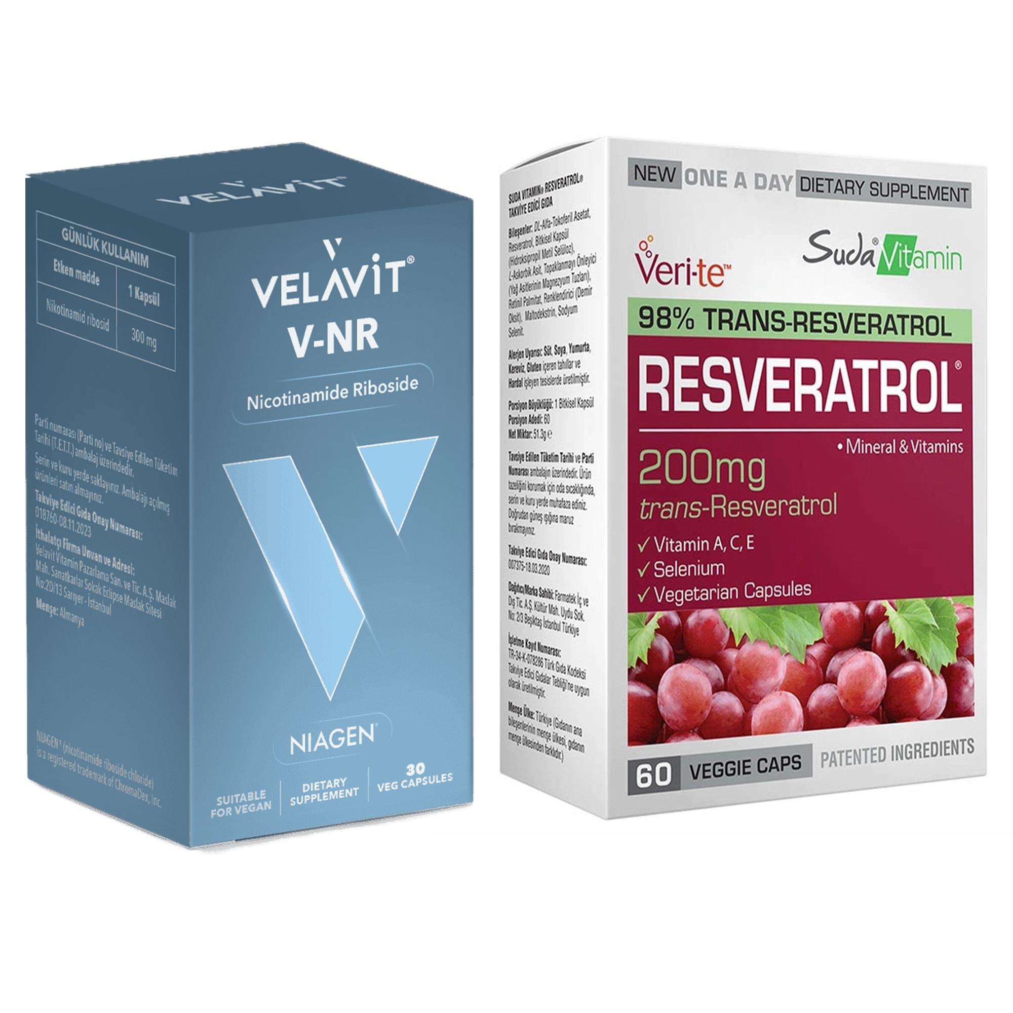 Velavit V-Nr Nicotinamide Riboside & Suda Vitamin Resveratrol 60 Kapsül-  2 Ürünlü Set