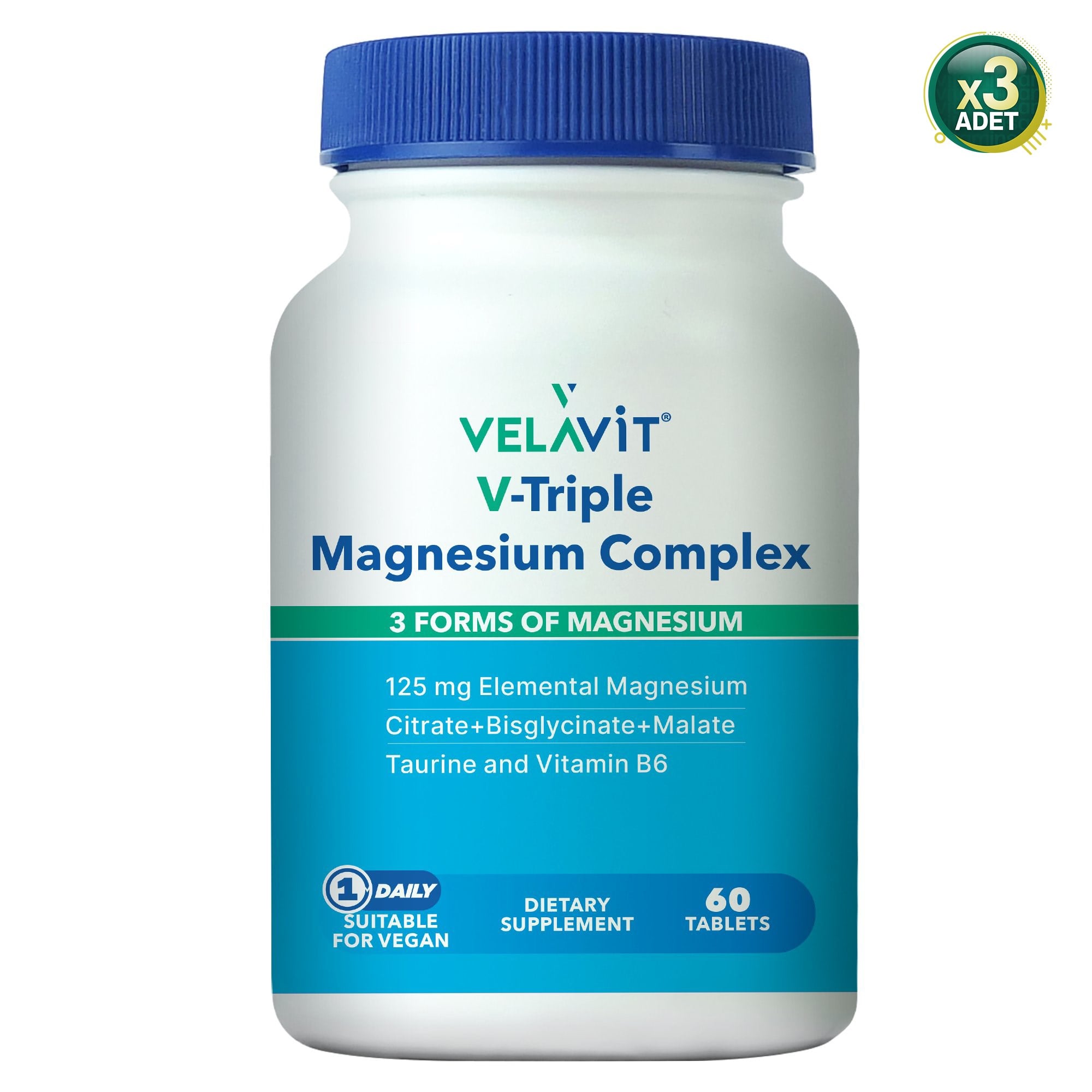 Velavit V- Triple Magnesium Complex - Magnezyum, B6 ve Taurin - 60 Tablet - 3 Adet (180 Tablet)