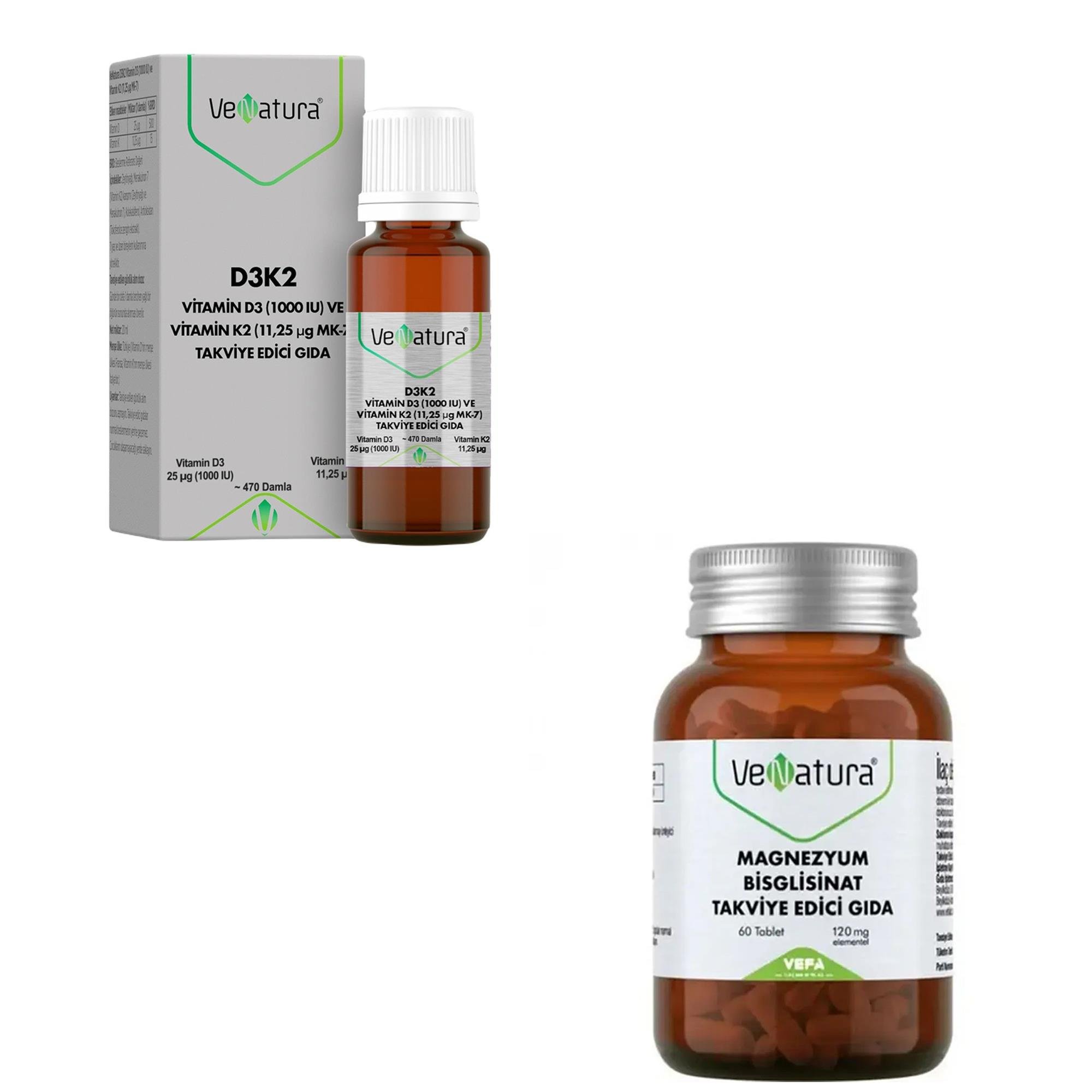 Venatura Magnezyum Bisglisinat 60 Tablet + D3K2 Damla 20 ml