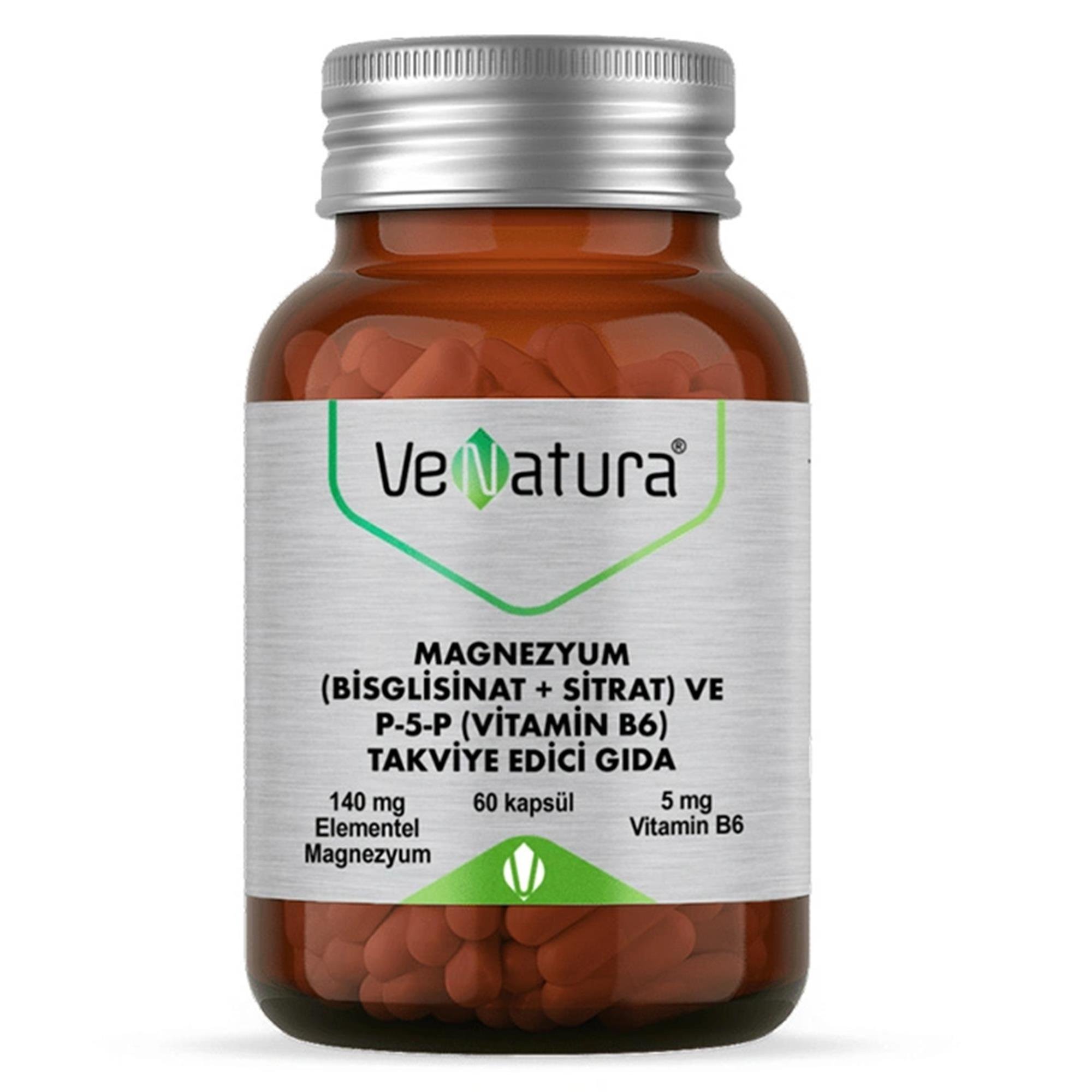 VeNatura Magnezyum (Bisglisinat+Sitrat) ve P5P (Vitamin B6) 60 Kapsül