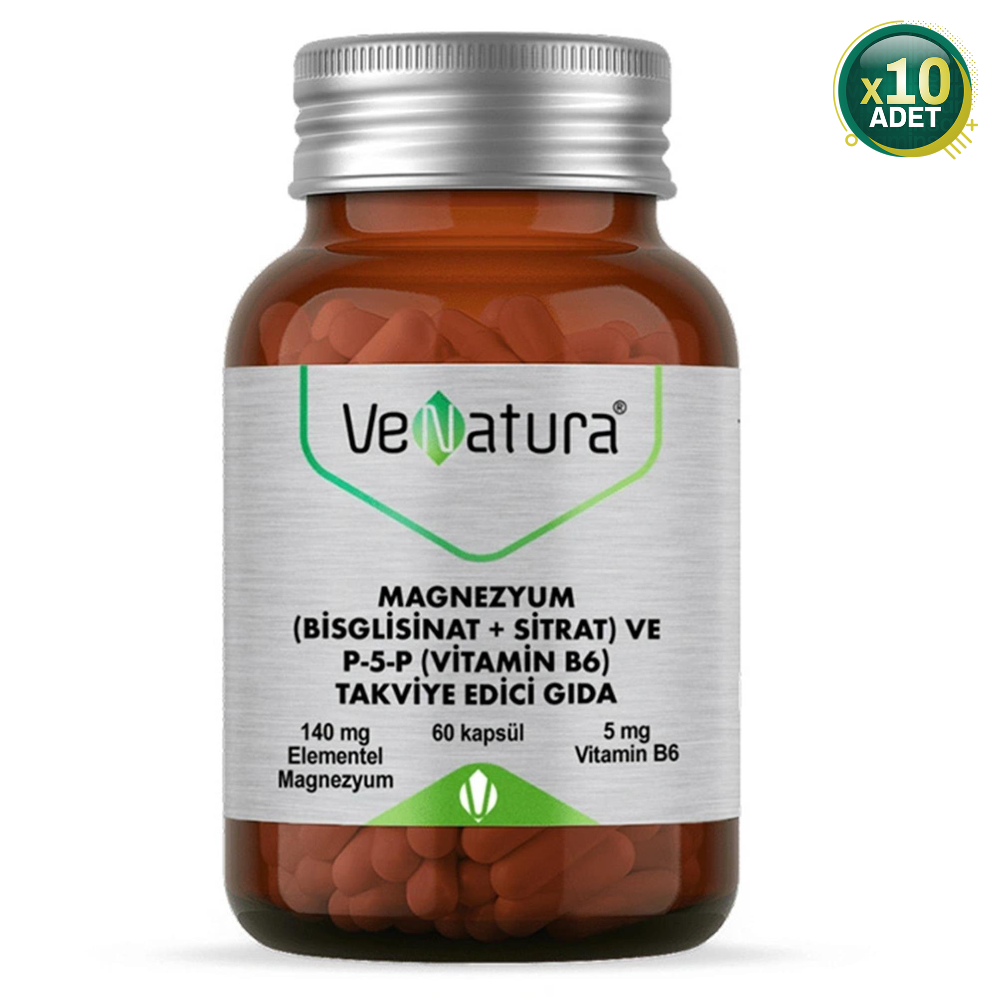 VeNatura Magnezyum (Bisglisinat+Sitrat) ve P5P (Vitamin B6) 60 Kapsül 10 Adet