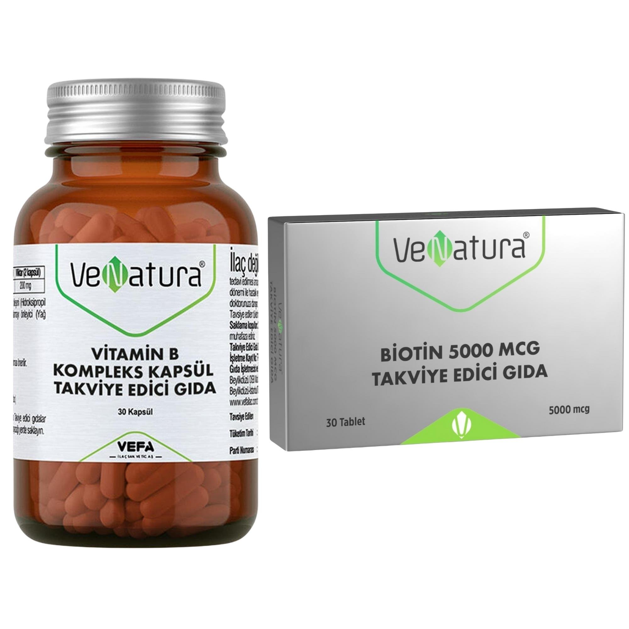 Venatura Vitamin B Kompleks Kapsül Takviye Edici Gıda 30 Kapsül + Biotin 5000 Mcg Takviye Edici Gıda