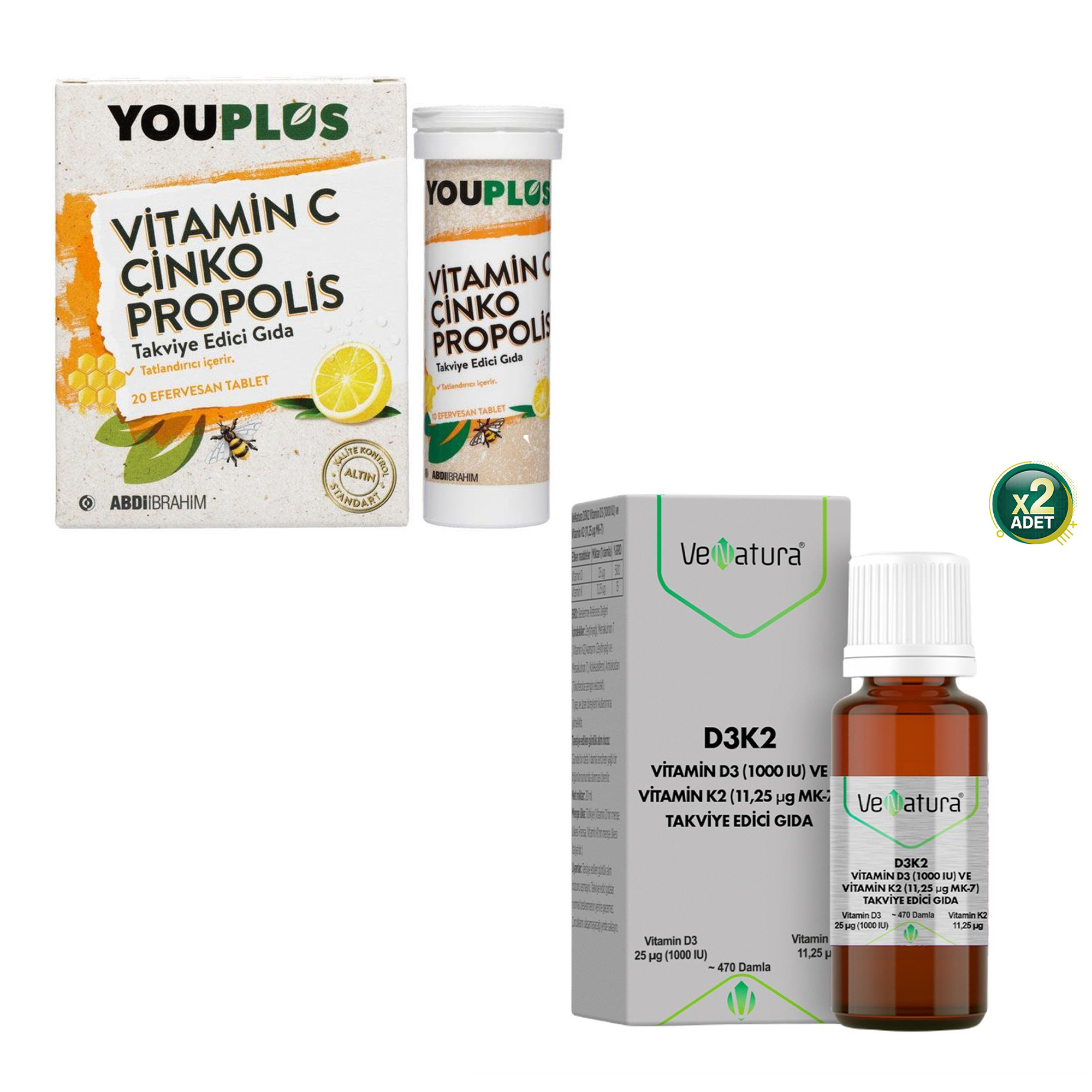 Venatura Vitamin D3k2 Damla 20 ml + D3K2 Damla 20 Ml + Youplus Vitamin C, Çinko, Propolis 20 Efervesan Tablet 