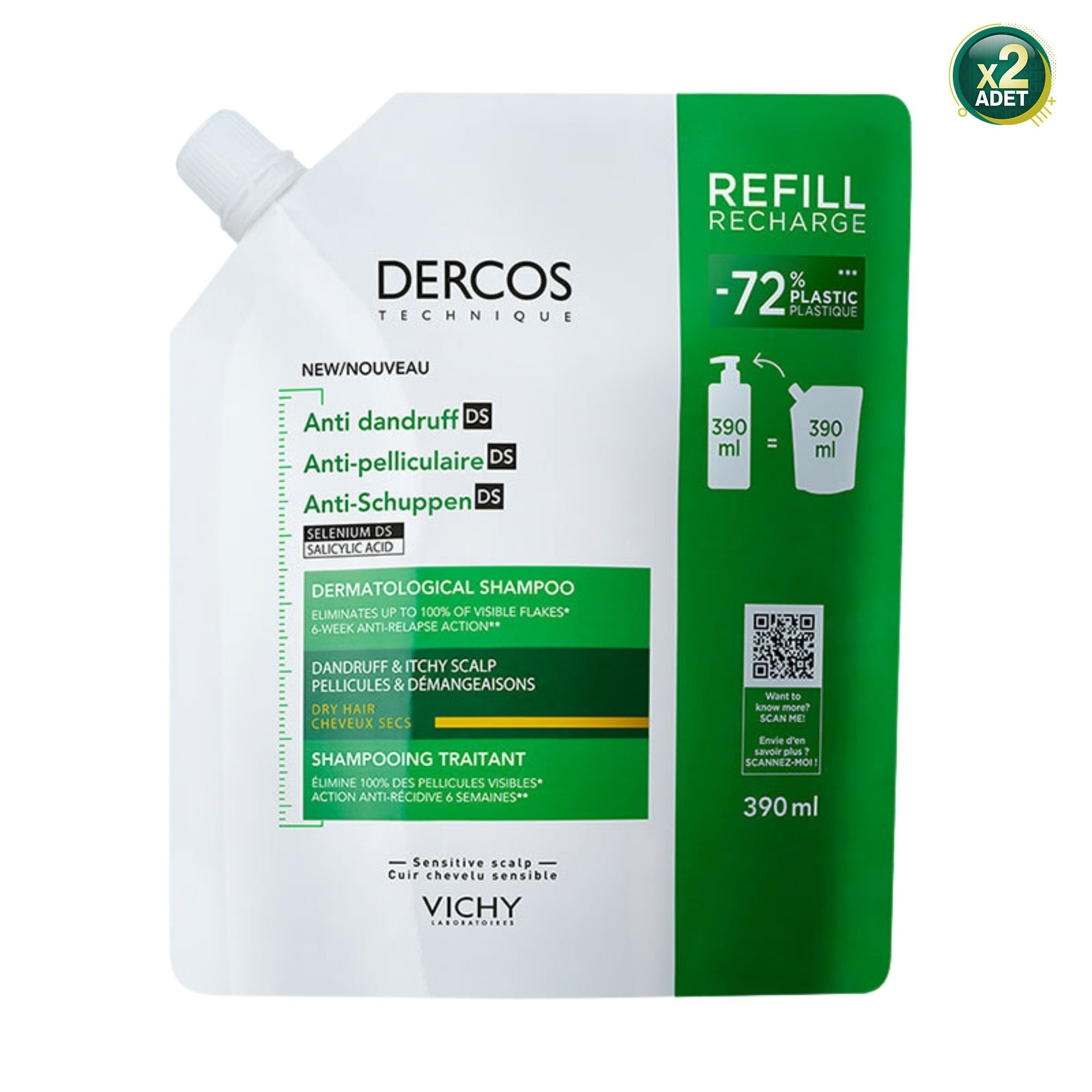 Vichy Dercos Kuru Saçlar için Refill 390 ml Kepek Şampuanı 2 Adet