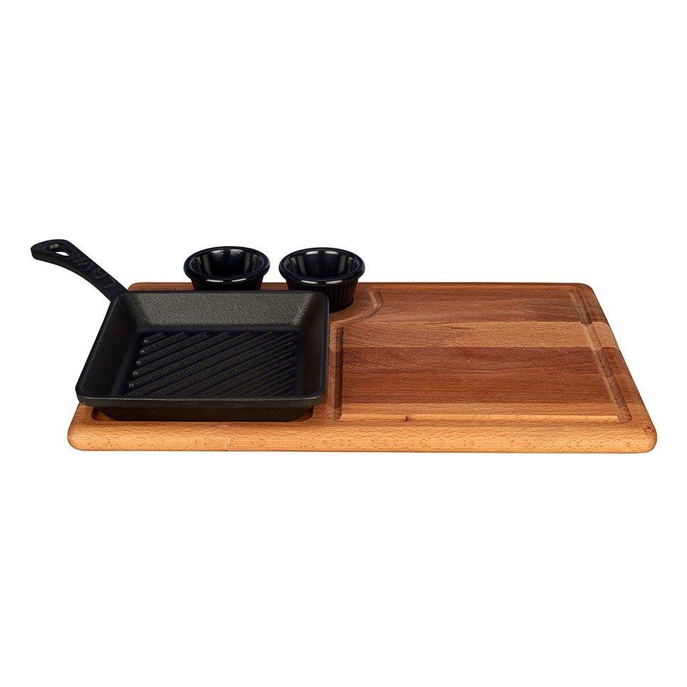 Ahşap Altlıklı Mini Döküm Demir Kare Izgara Tava