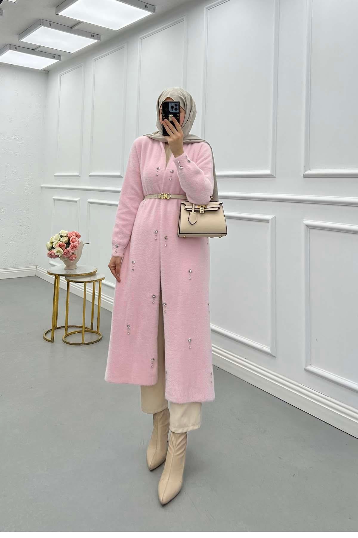 Angora Taşlı Uzun Hırka Pembe