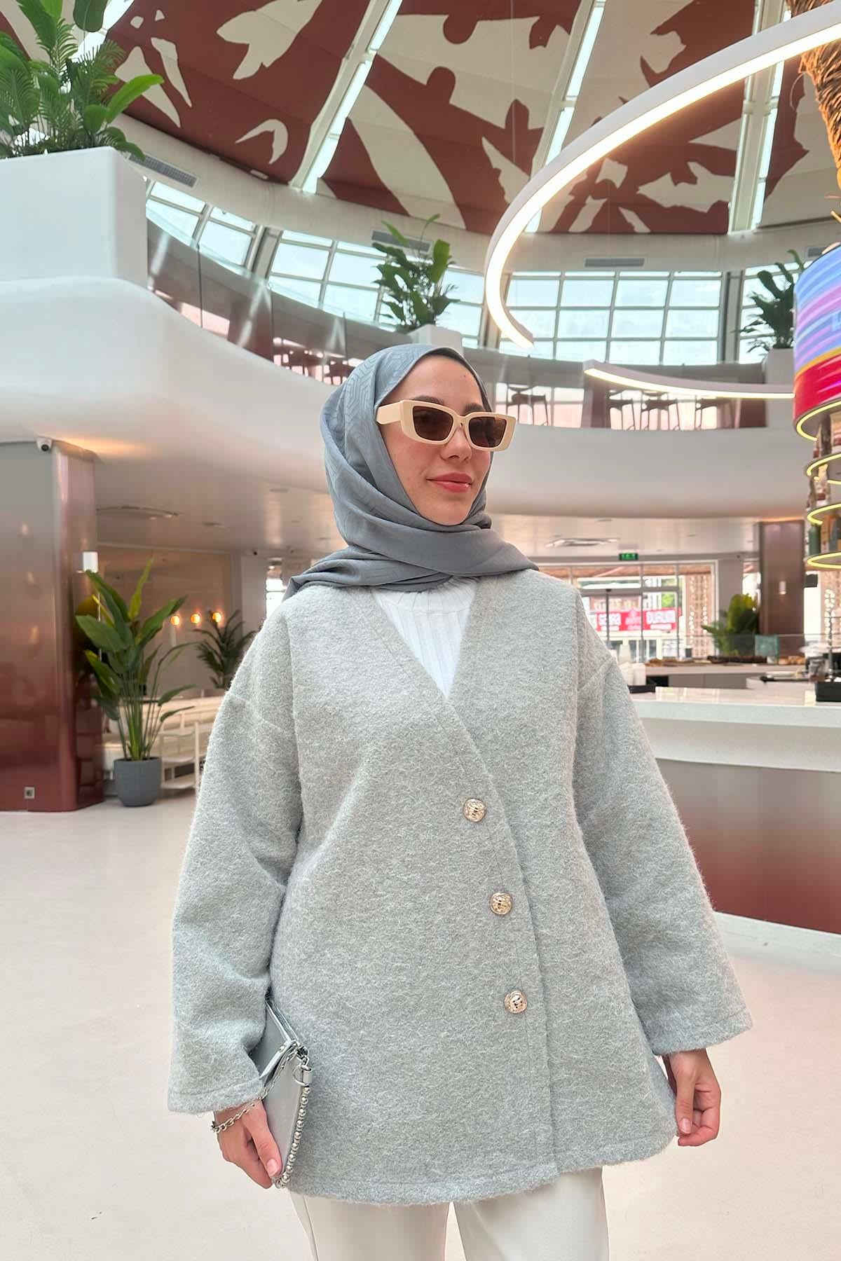 Asimetrik Düğmeli Kaşe Ceket Gri