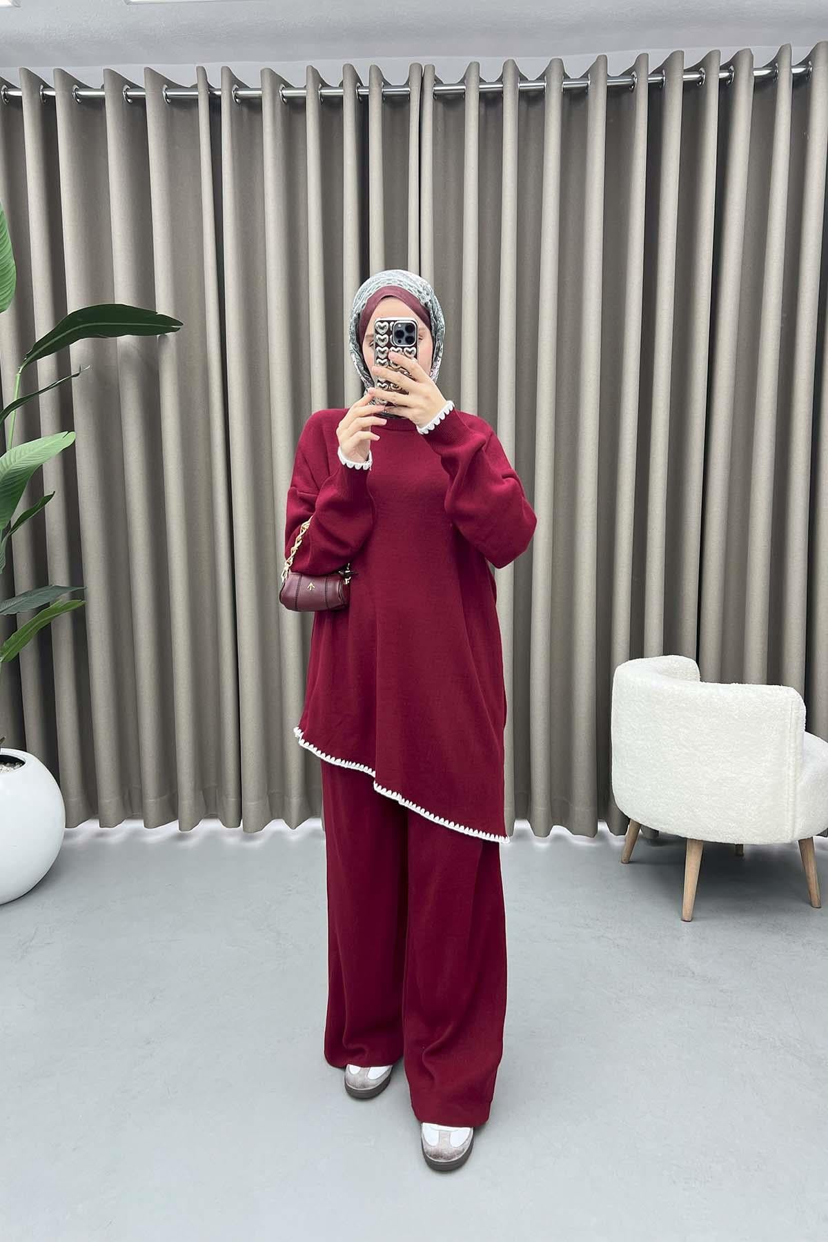 Asimetrik Kesim Nakışlı Takım Bordo
