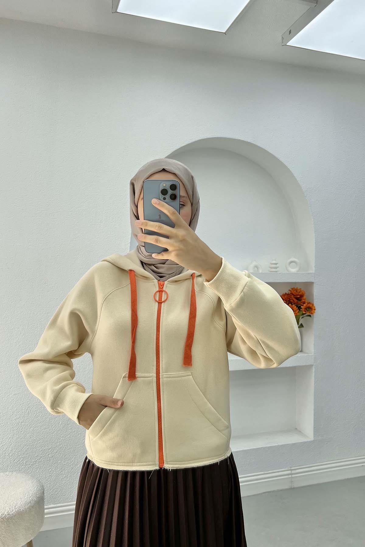 Asimetrik Kesim Sweatshirt Bej