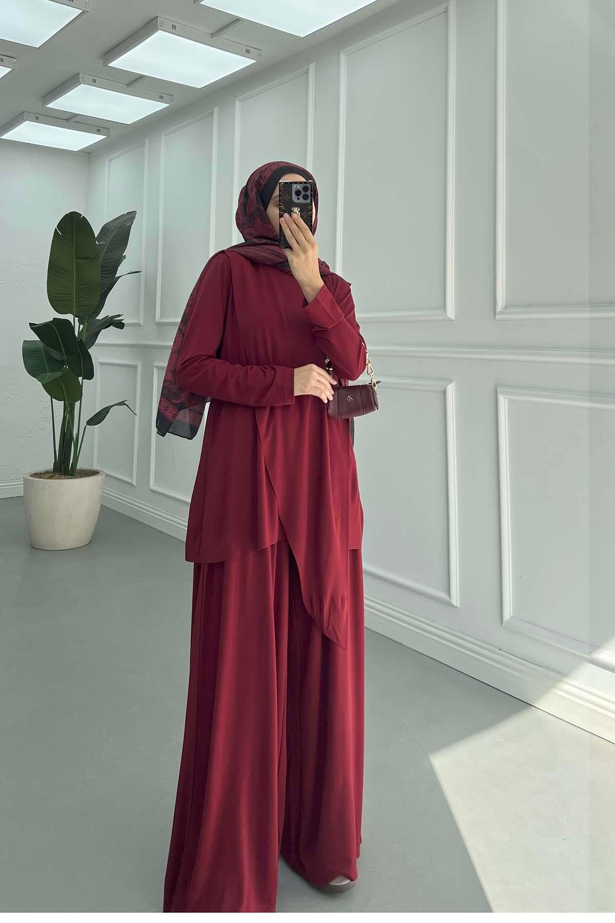 Asimetrik Parça Detaylı Pantolon Takım Bordo
