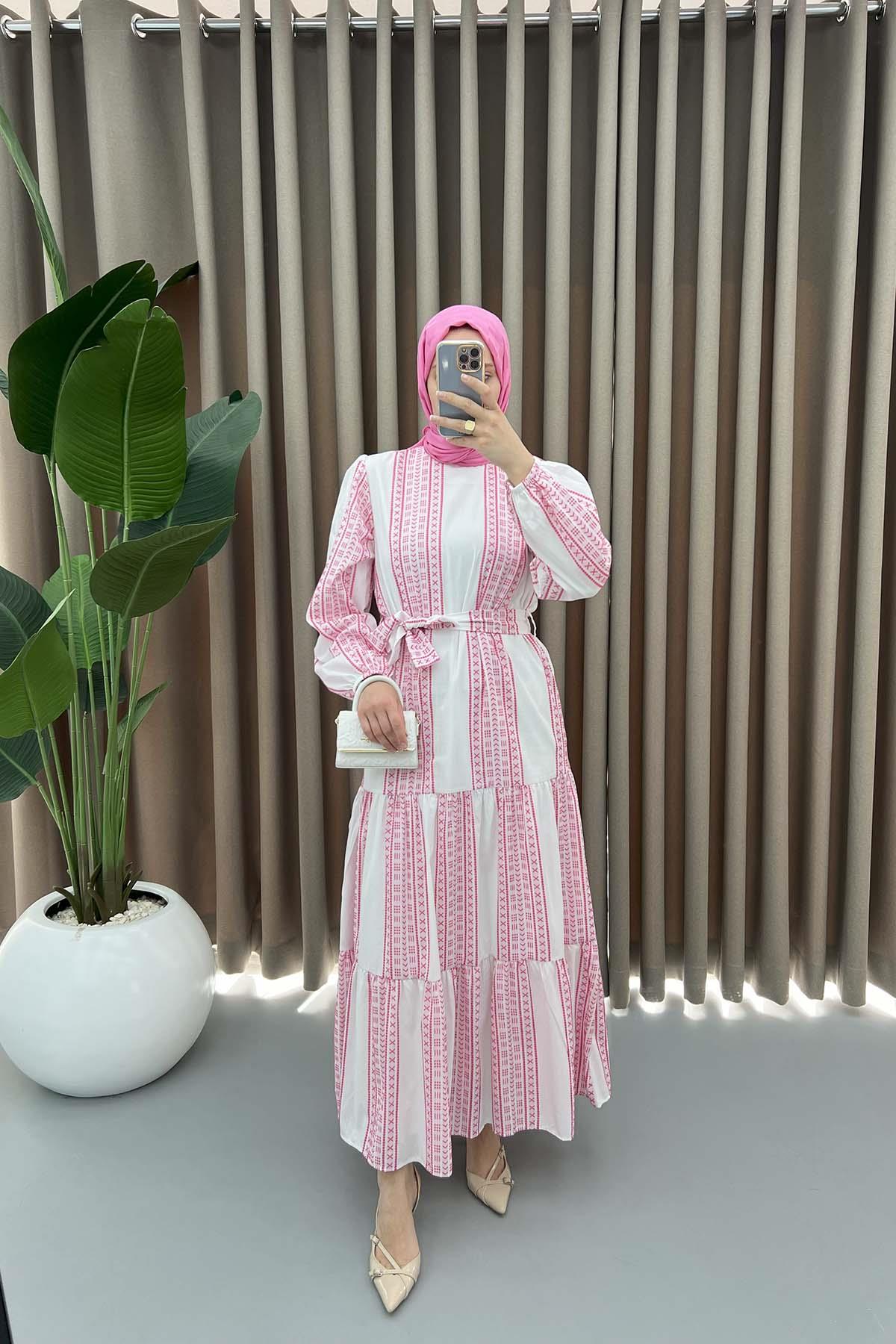 Astarlı Desenli Elbise Pembe