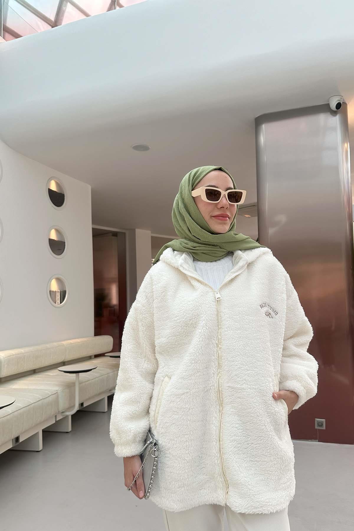 Astarlı Peluş Mont Beyaz