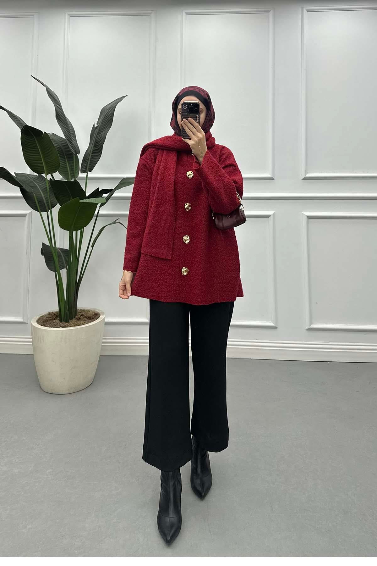 Atkılı Peluş Ceket Bordo