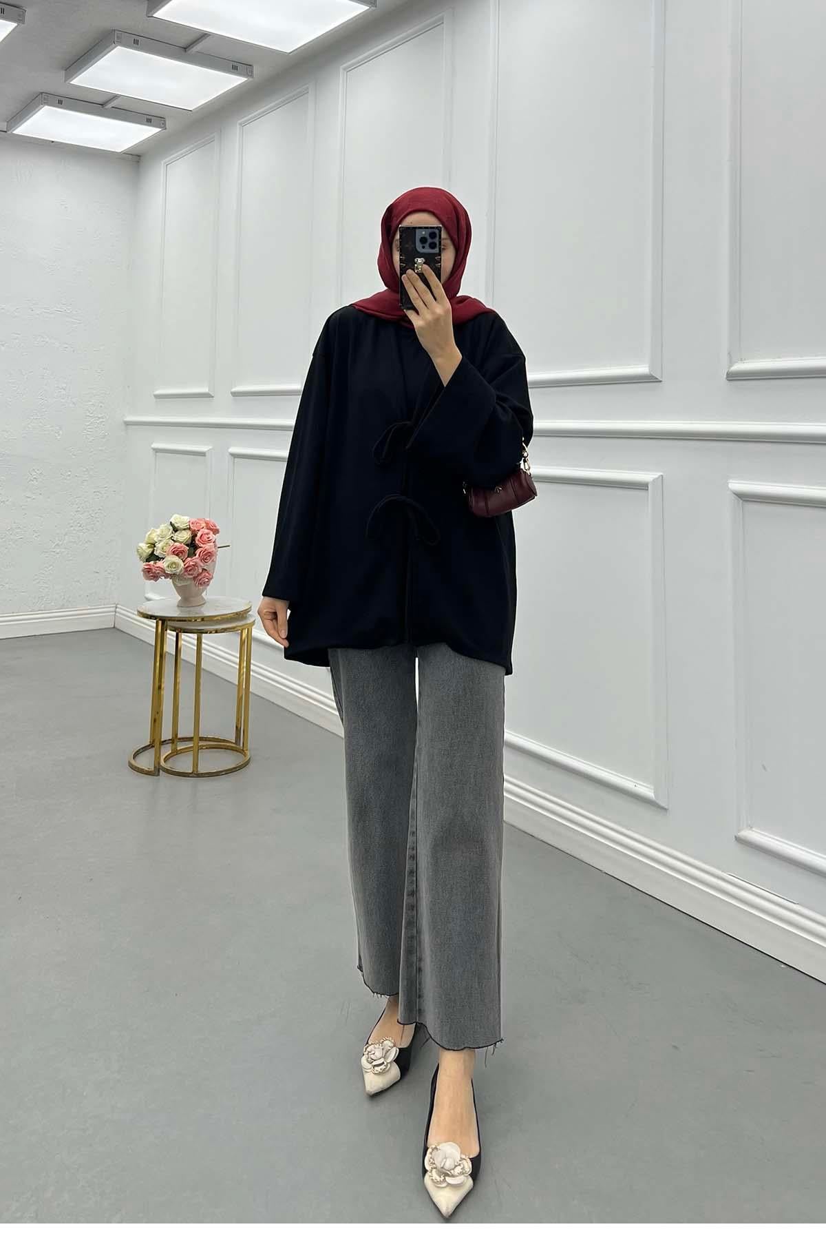 Bağcık Detaylı Kimono Hırka Siyah