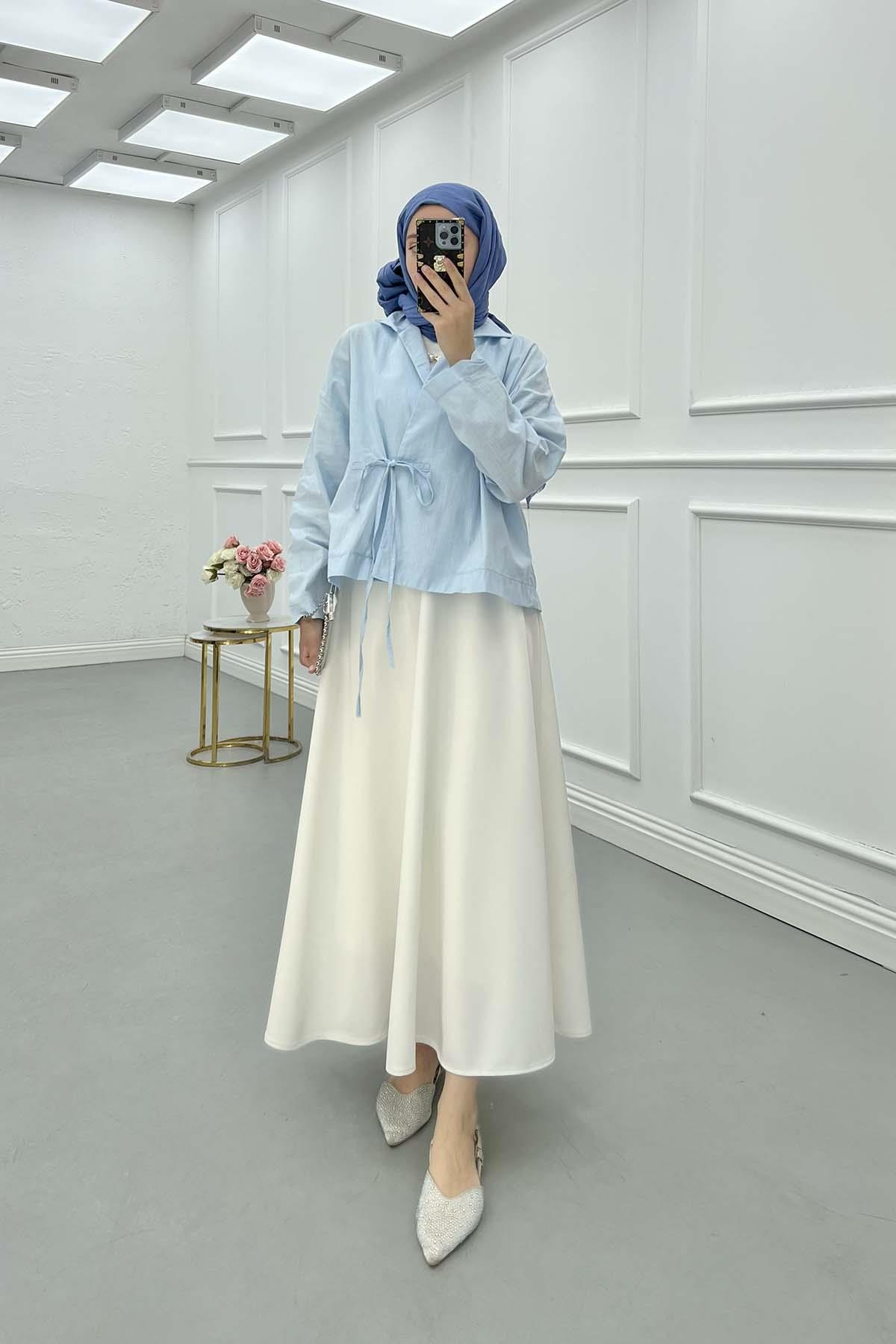 Bağcıklı Keten Kimono Bebe Mavi