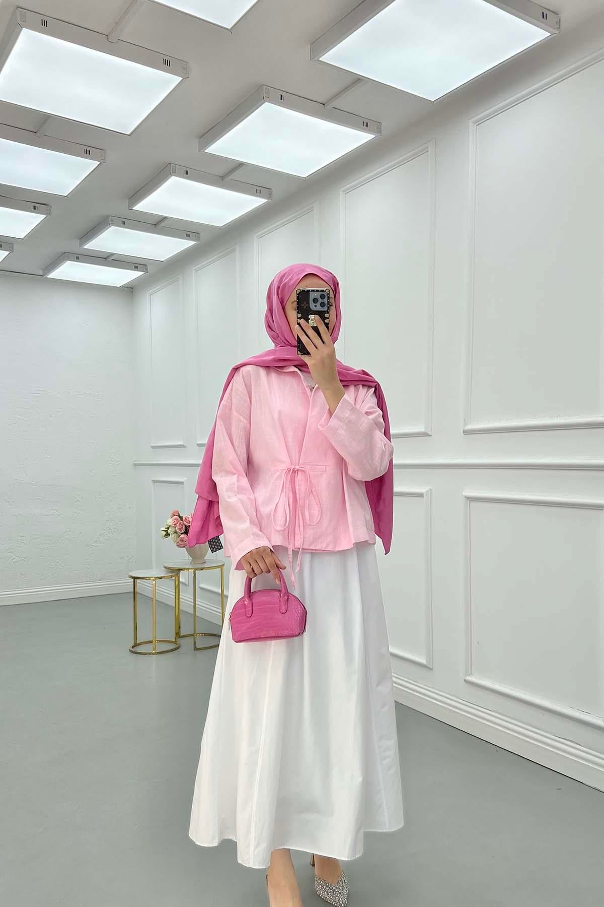 Bağcıklı Keten Kimono Pembe