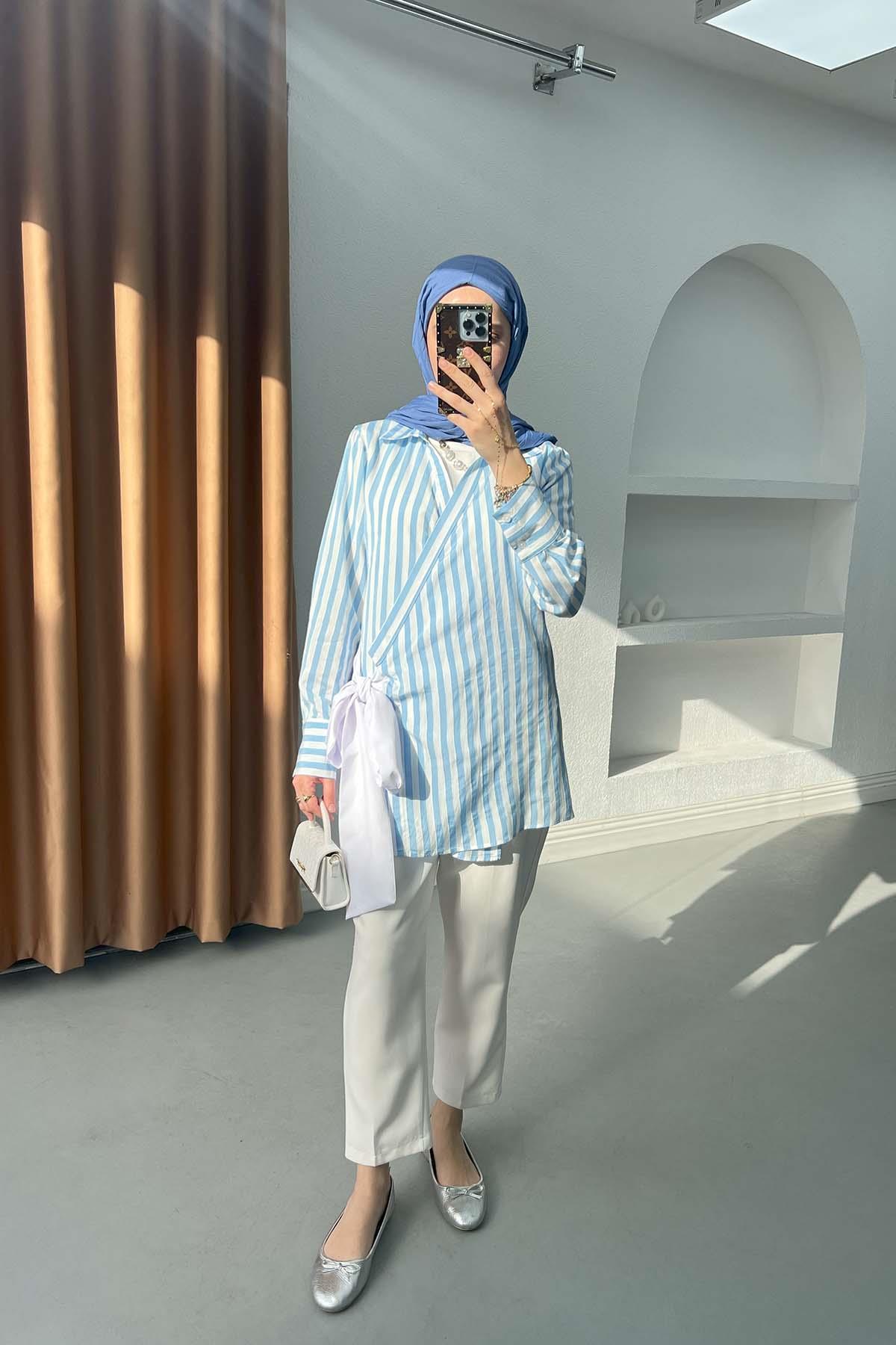 Bağlama Detaylı Çizgili Kimono Mavi