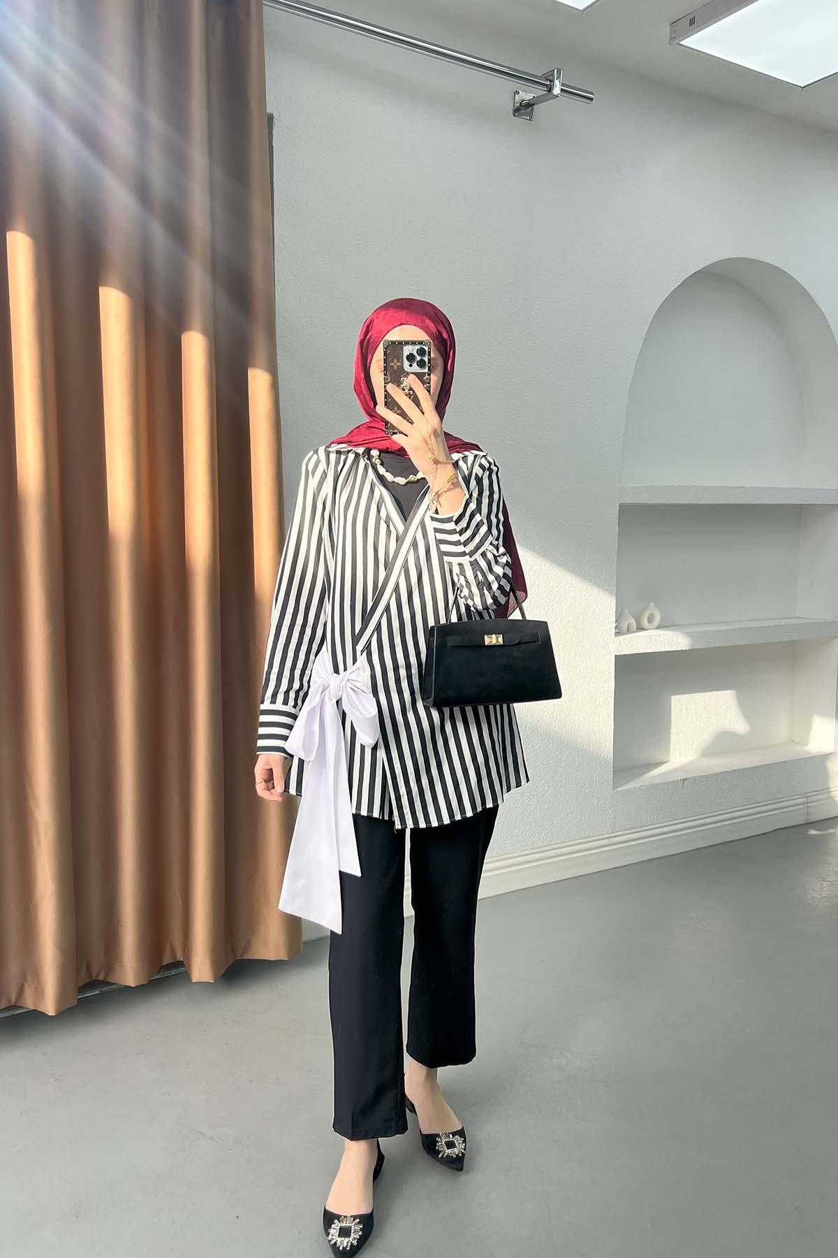 Bağlama Detaylı Çizgili Kimono Siyah