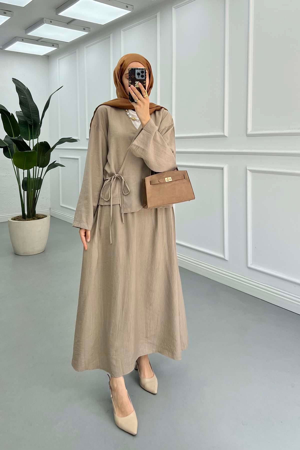 Bağlama Detaylı Kimono Etekli Takım Vizon