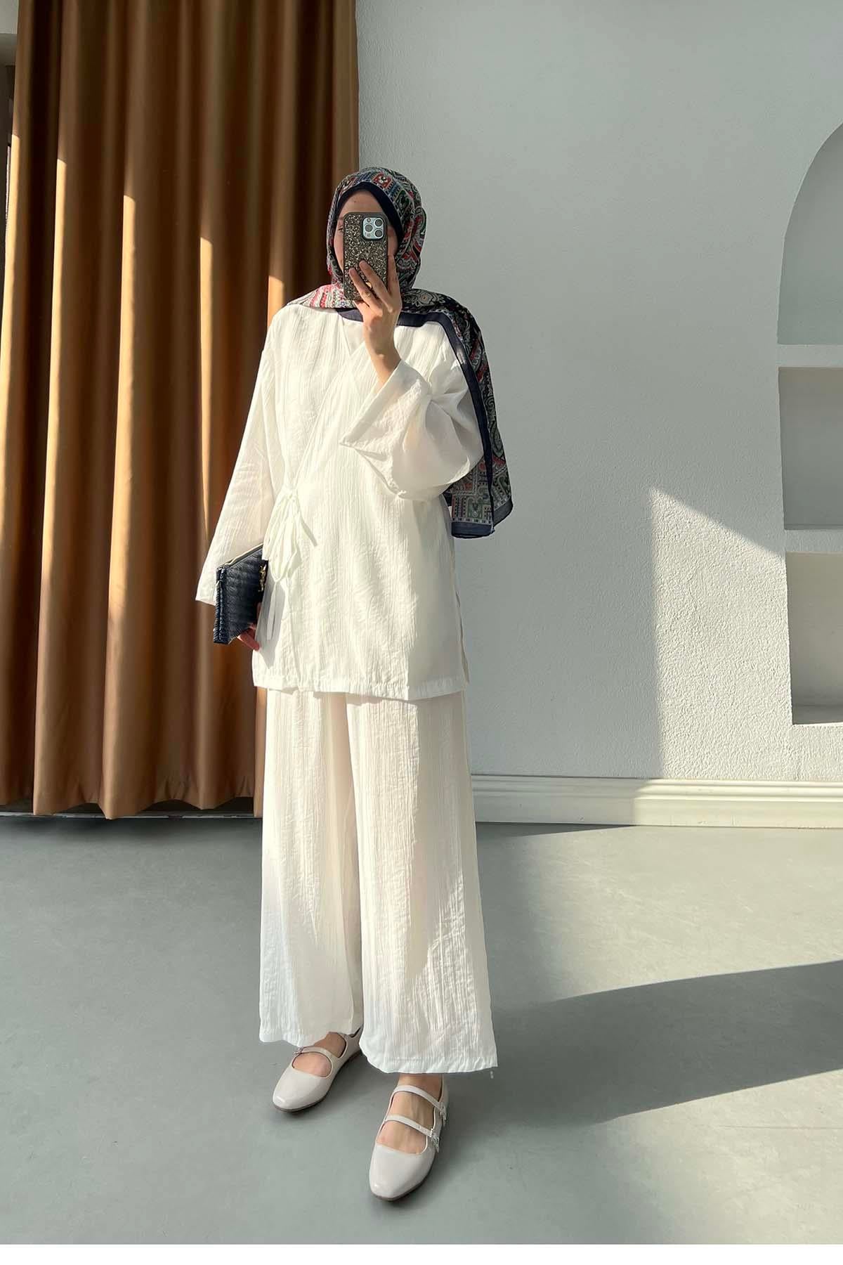 Bağlamalı Kimono Çilek Takım Beyaz