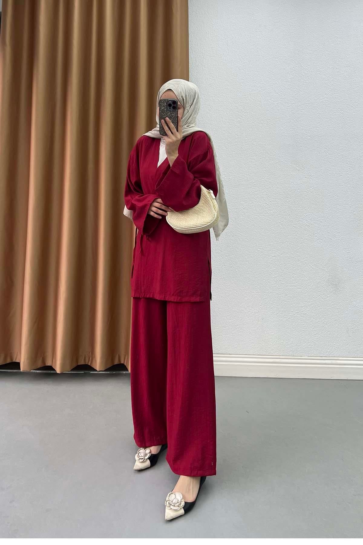Bağlamalı Kimono Çilek Takım Kırmızı