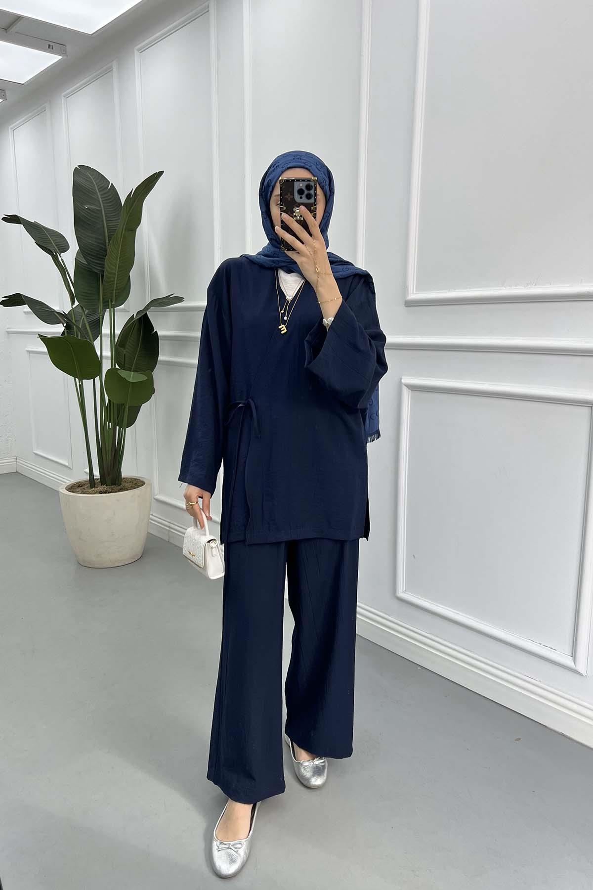 Bağlamalı Kimono Çilek Takım Lacivert