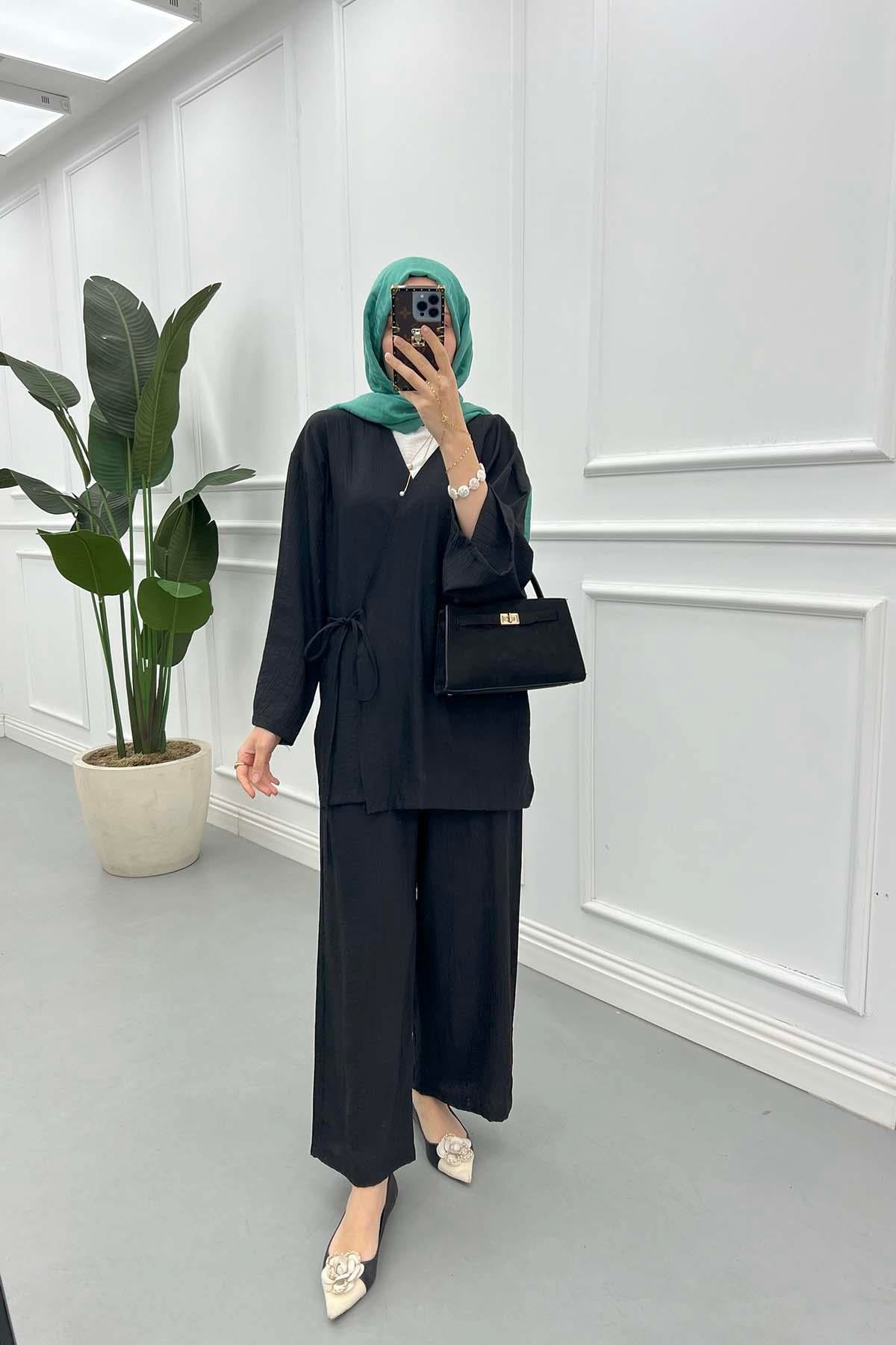 Bağlamalı Kimono Çilek Takım Siyah