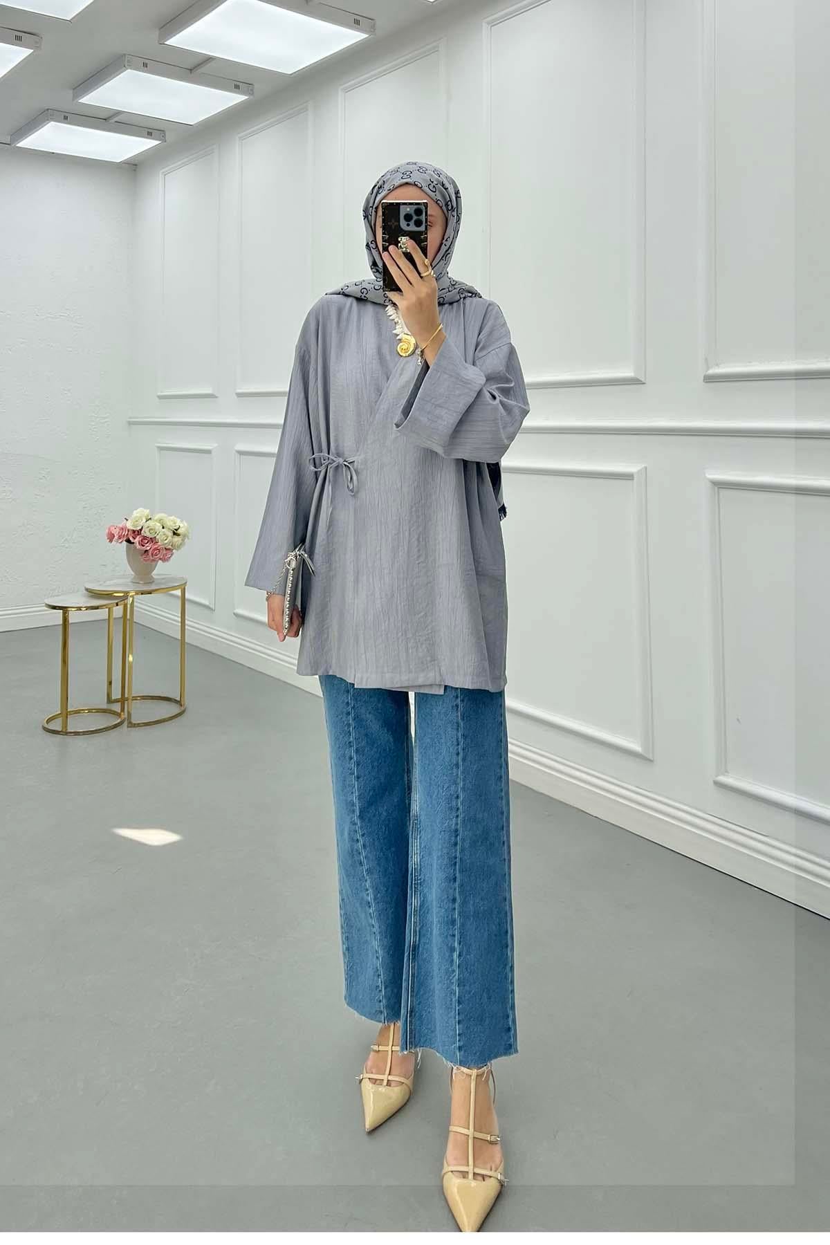 Bağlamalı Kimono Gri