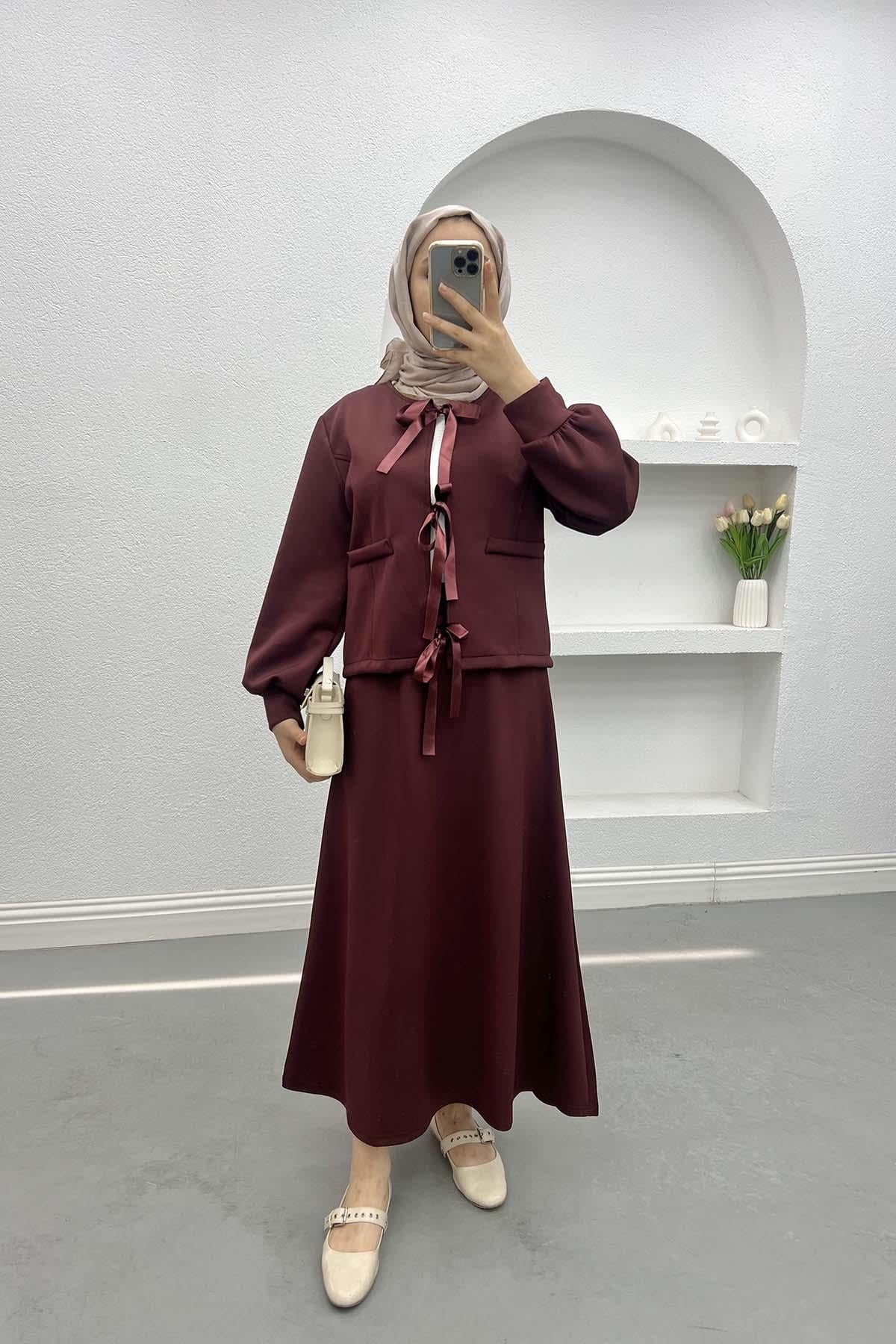 Bağlamalı Scuba Etek Takım Bordo