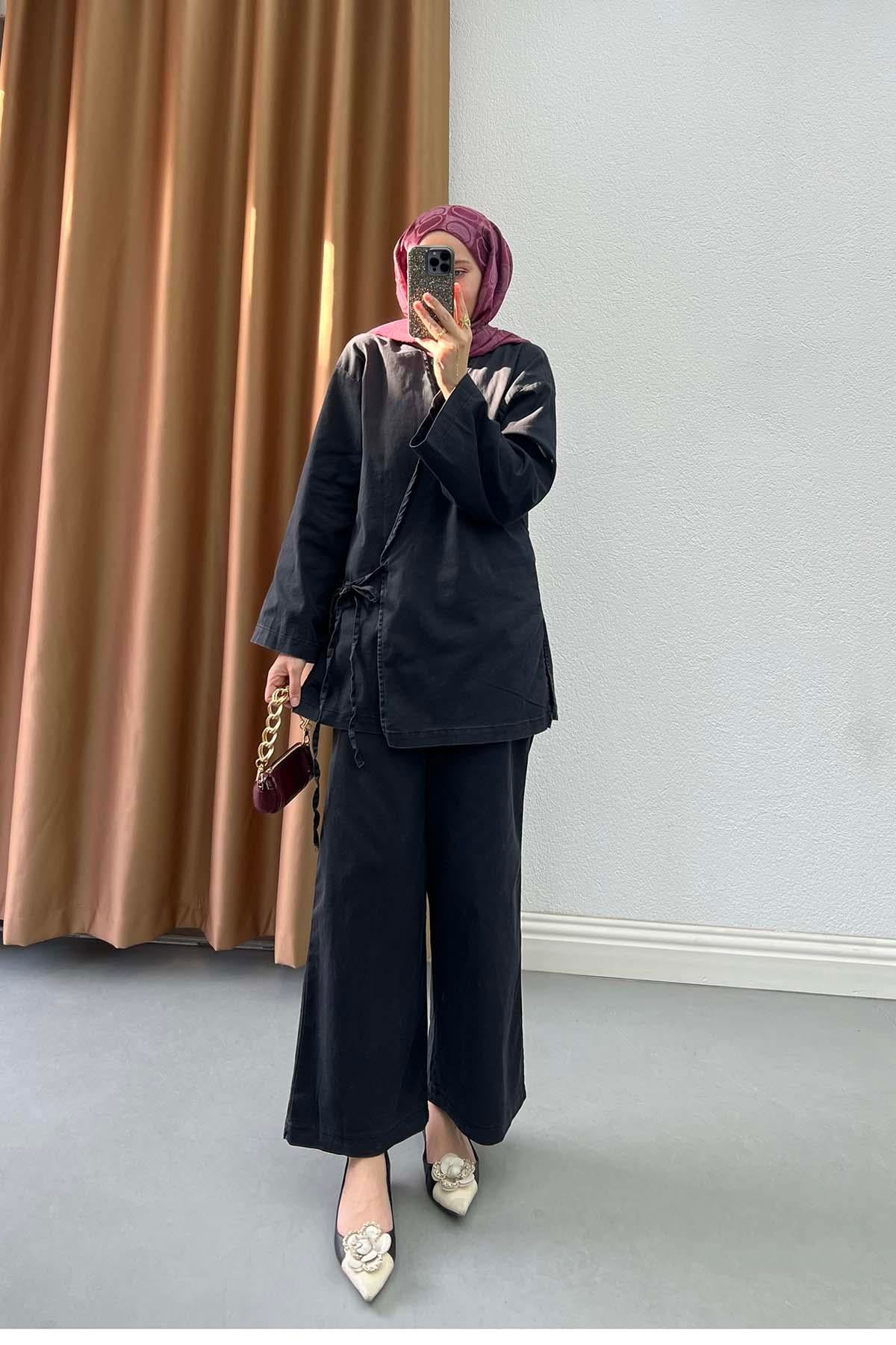 Bağlamalı V Yaka Modern Kimono Takım Antrasit