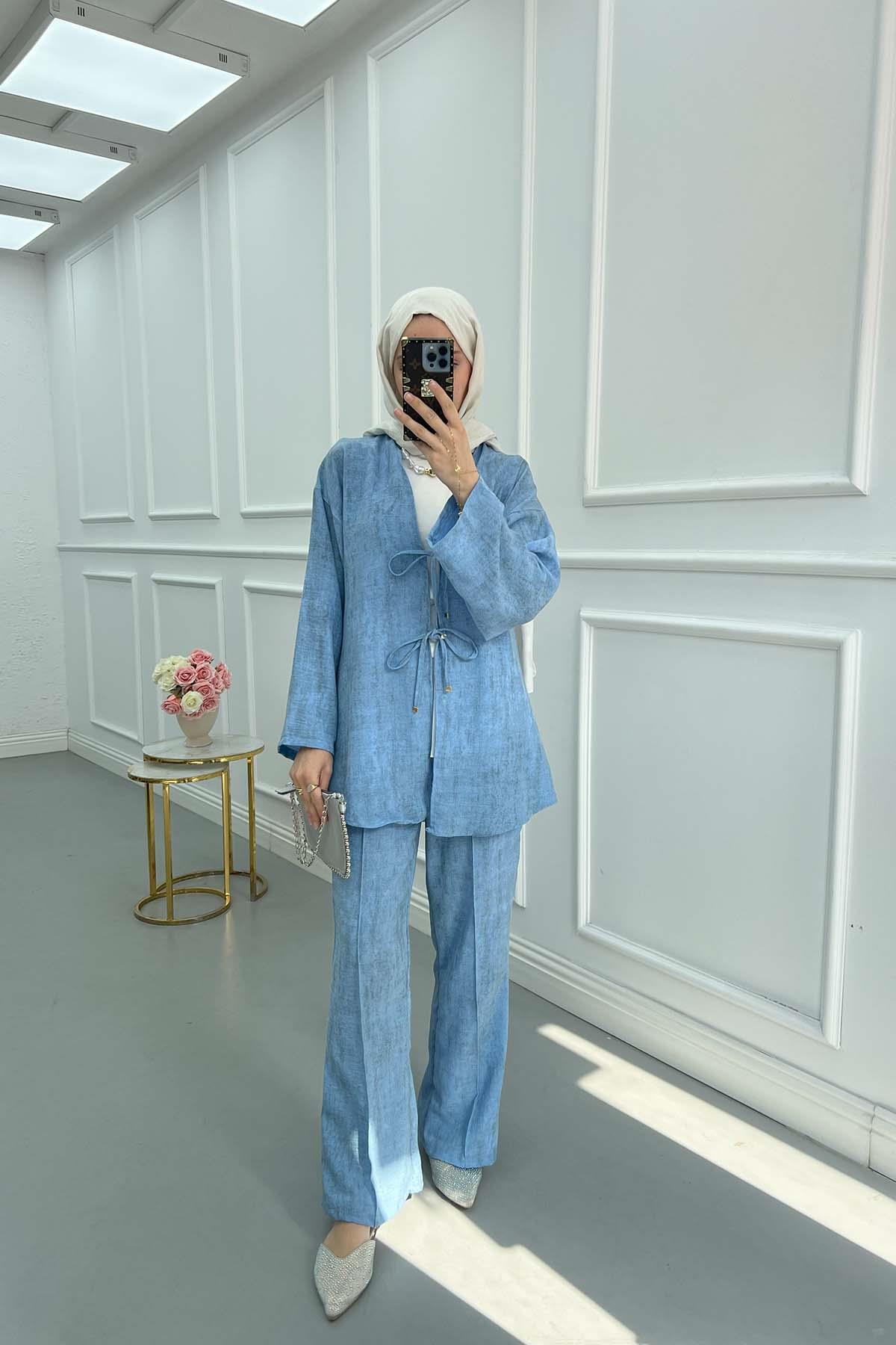 Bağlamalı Viral Kimono Takım Mavi
