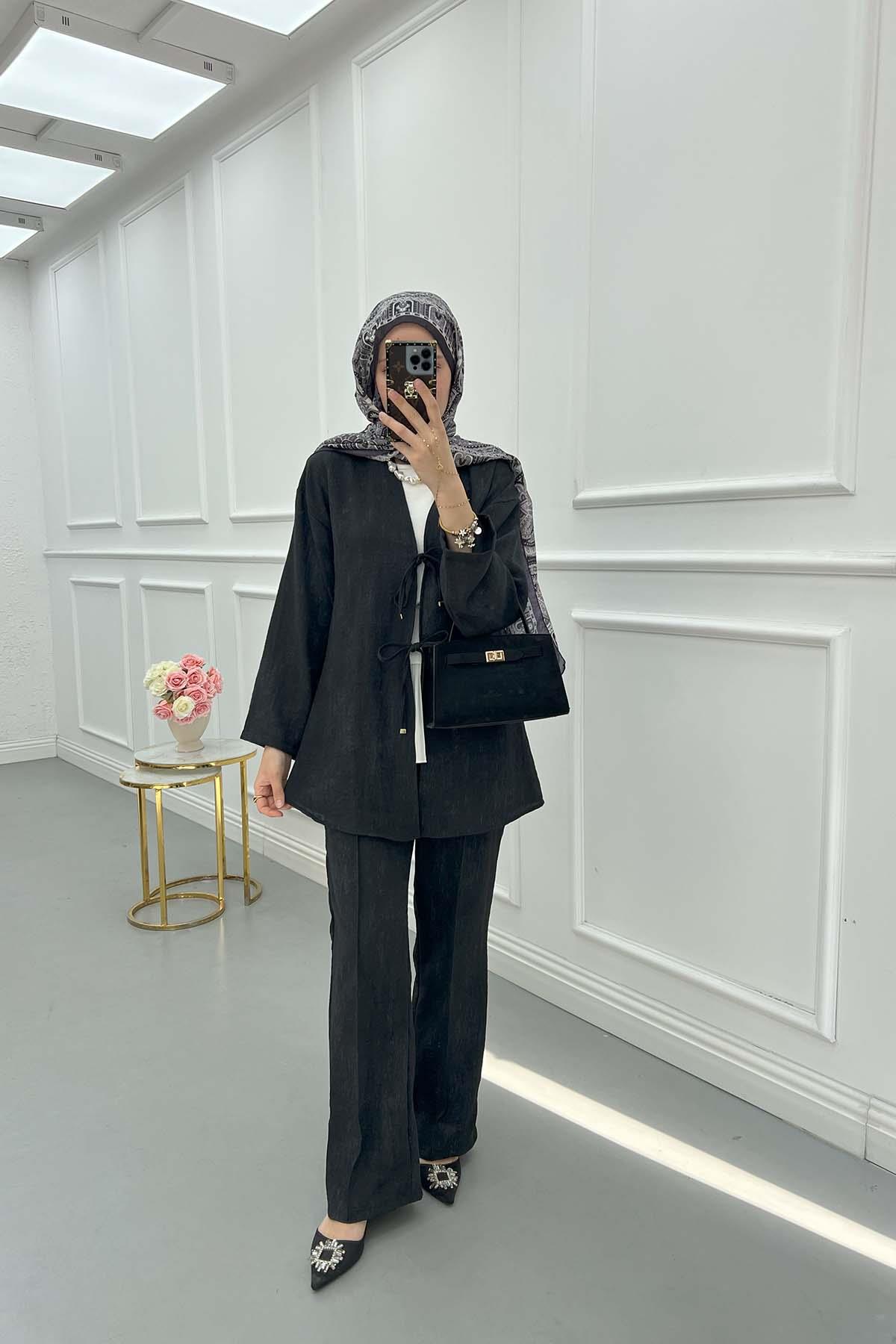 Bağlamalı Viral Kimono Takım Siyah
