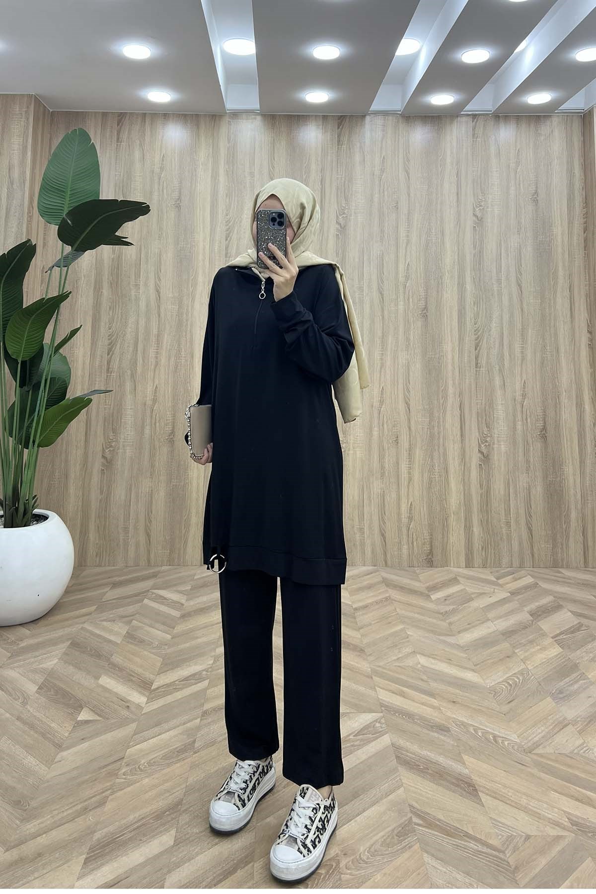 Balıkçı Yaka Casual Takım Siyah