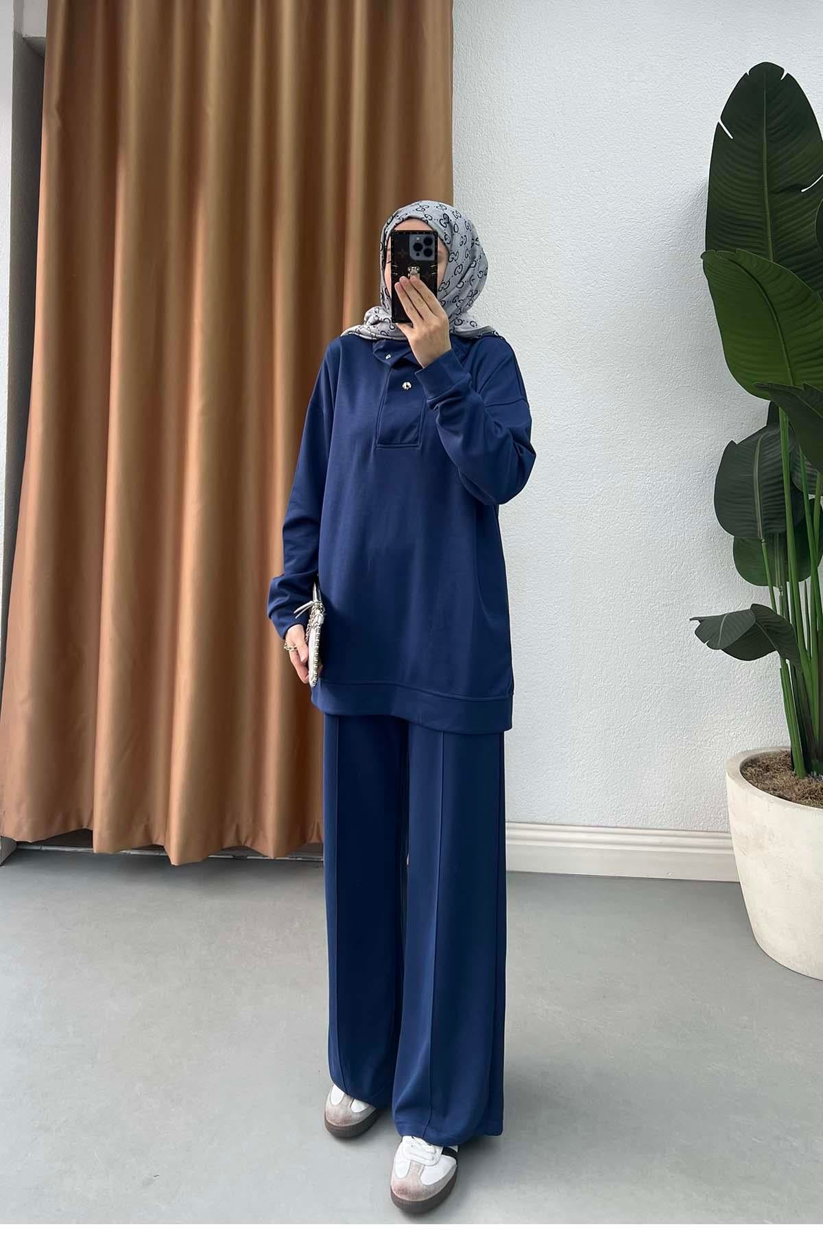 Balıkçı Yaka Çıtçıtlı Sweatshirt Takım İndigo