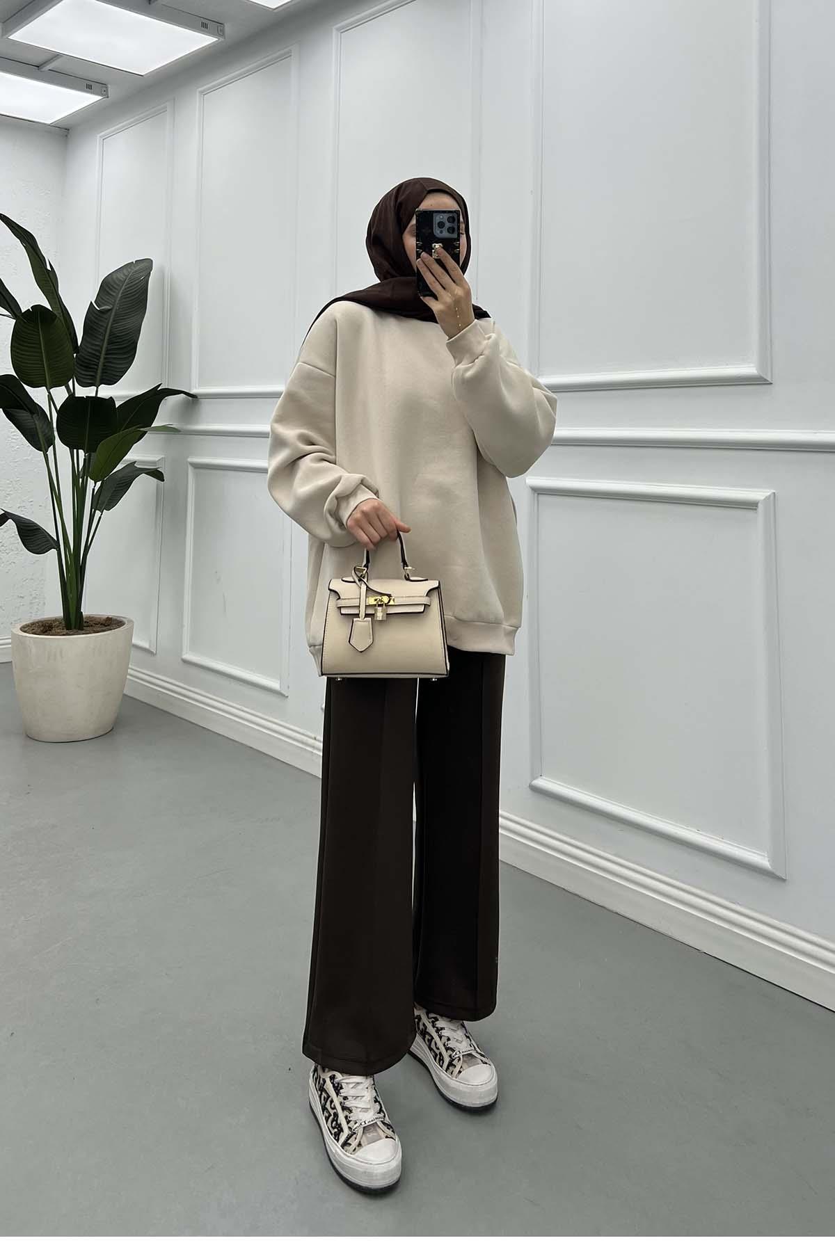 Basic Üç İplik Şardonlu Sweat Bej