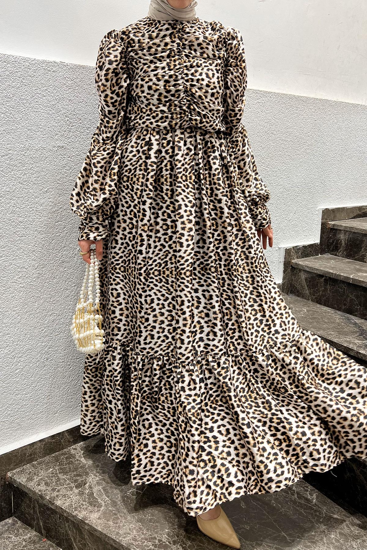 Baskılı Saten Elbise Leopar
