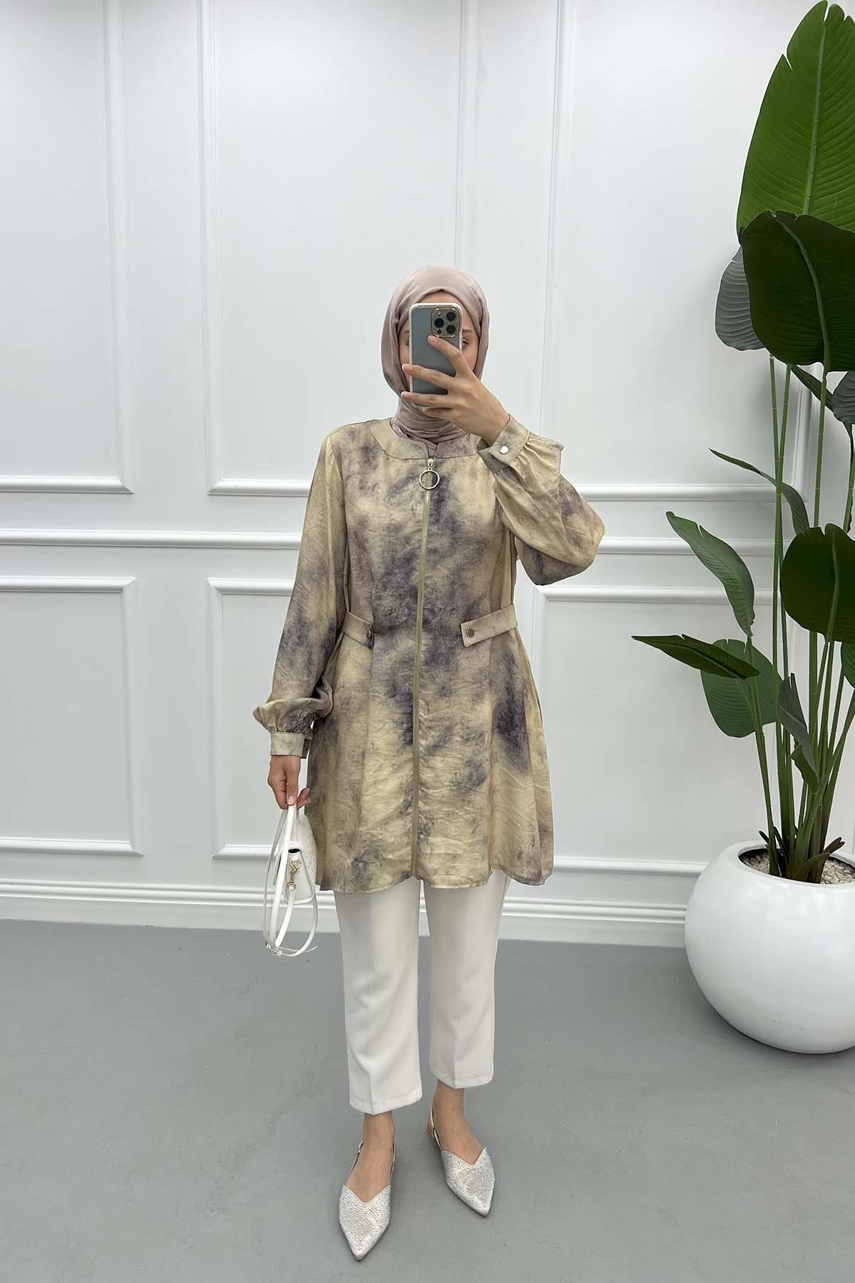 Batik Desen Fermuarlı Tunik Mürdüm