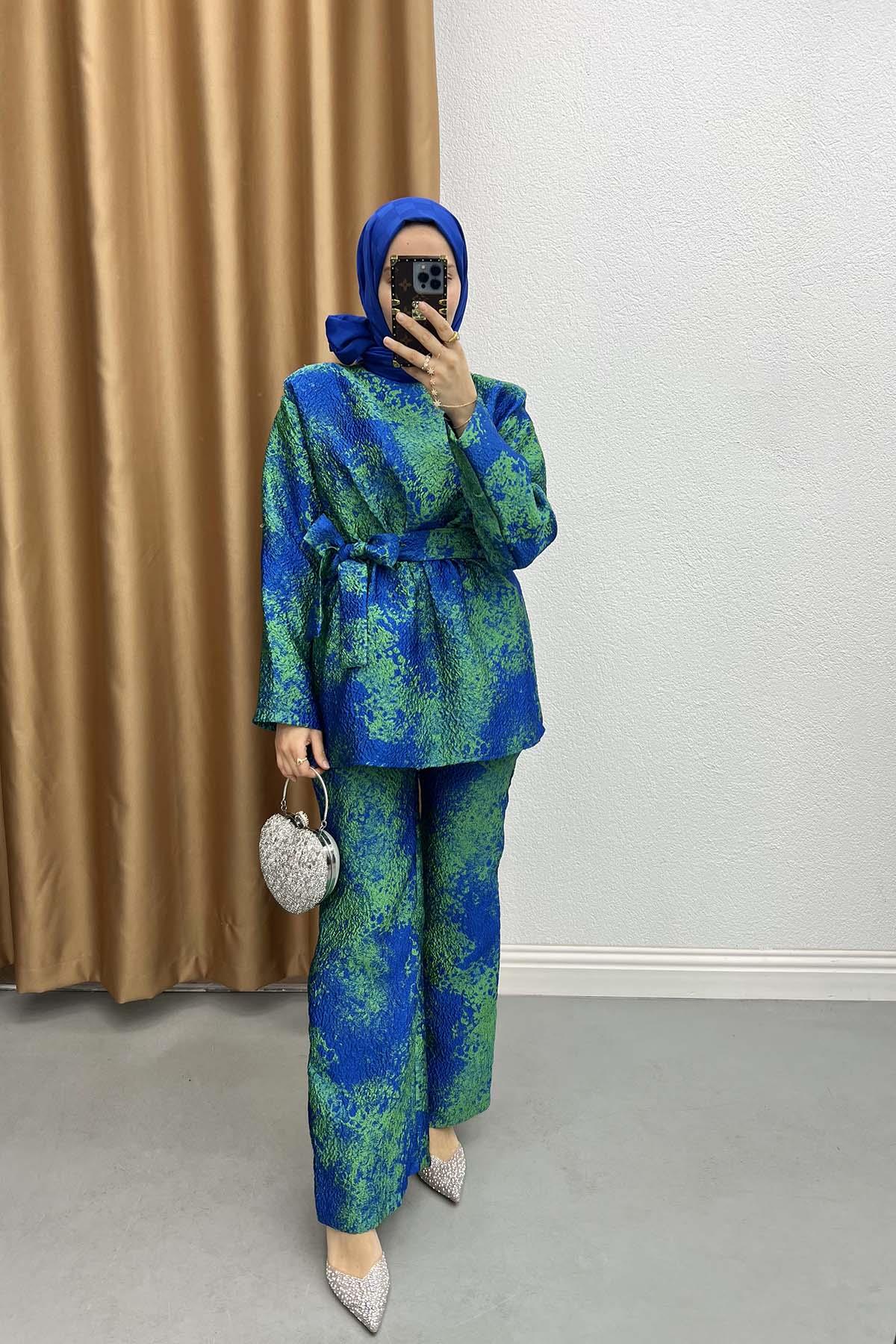 Batik Desen Jakarlı Takım Saks Mavi