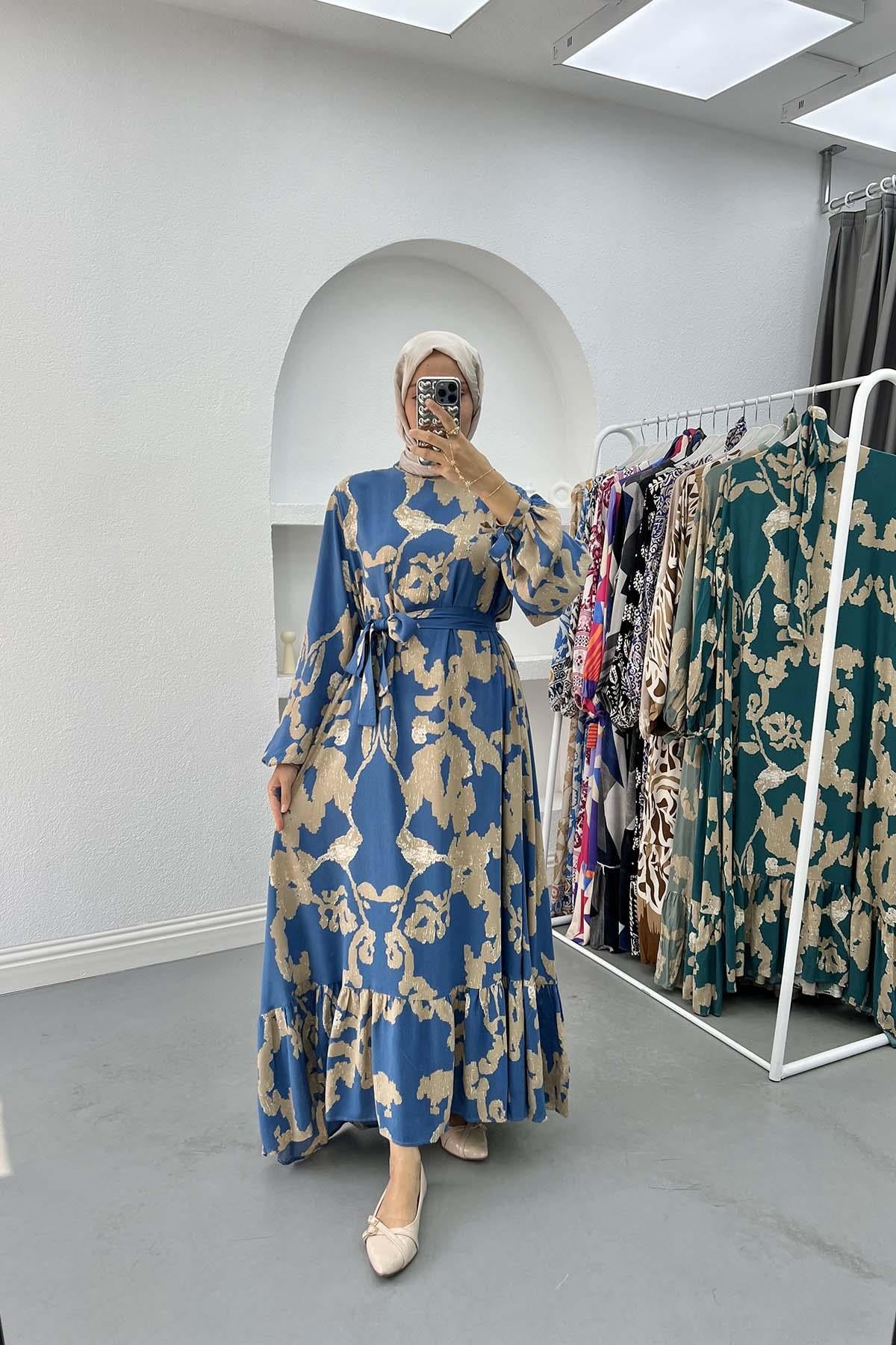 Batik Desenli Elbise Lacivert