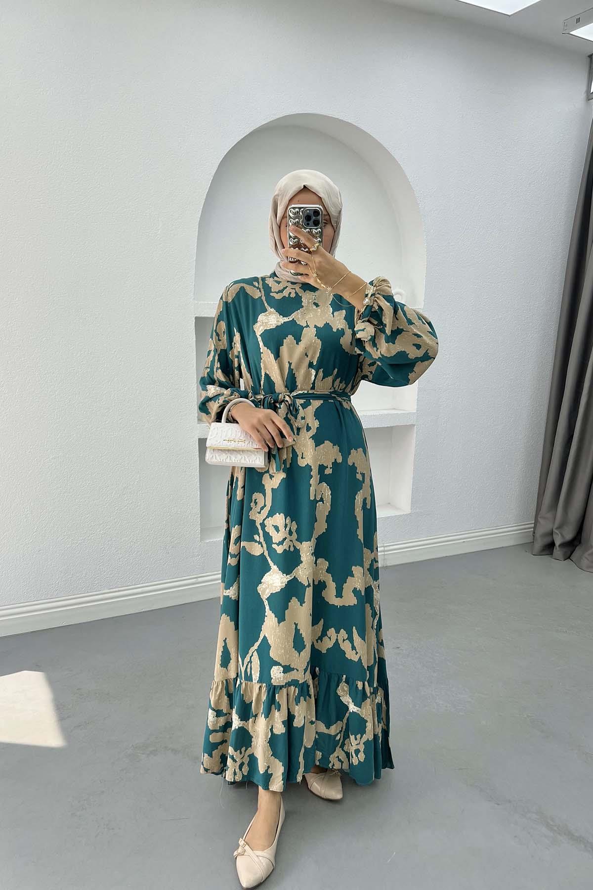 Batik Desenli Elbise Petrol Yeşili