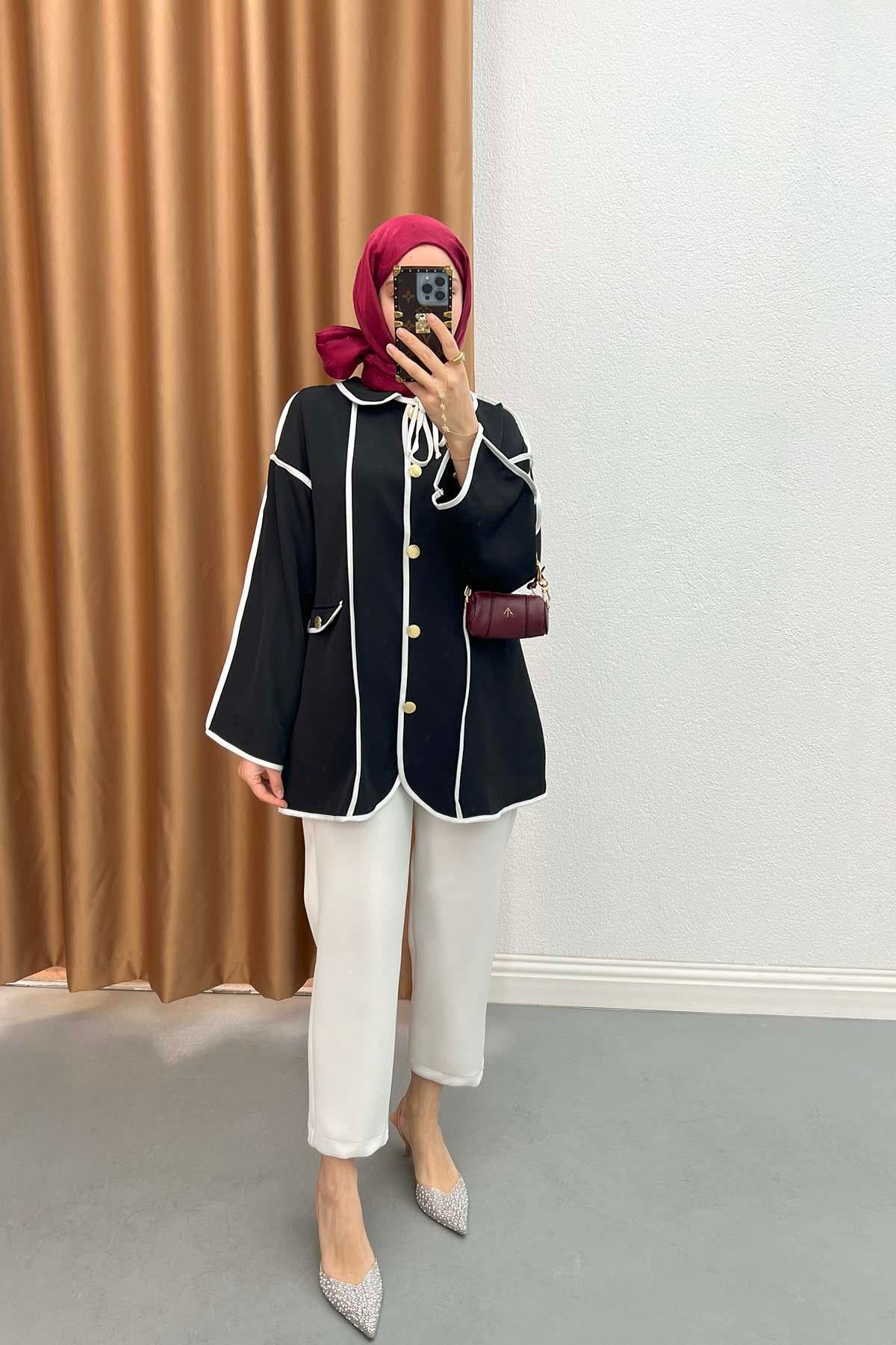 Bebe Yaka Biyeli Ceket Siyah